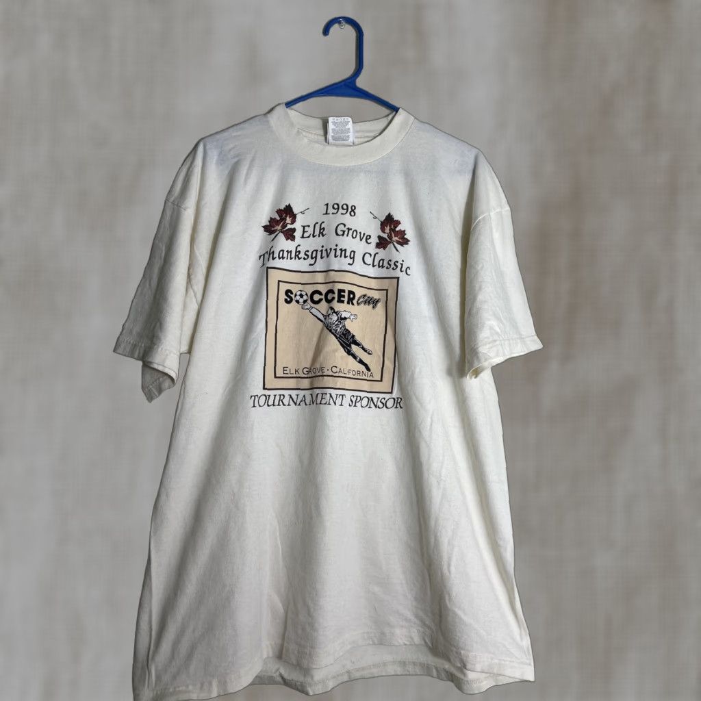 Jerzees VINTAGE Elk Grove Thanksgiving Soccer T Shirt Men L White 1998 Shirt Mens Size US L / EU 52-54 / 3 - 1 Thumbnail
