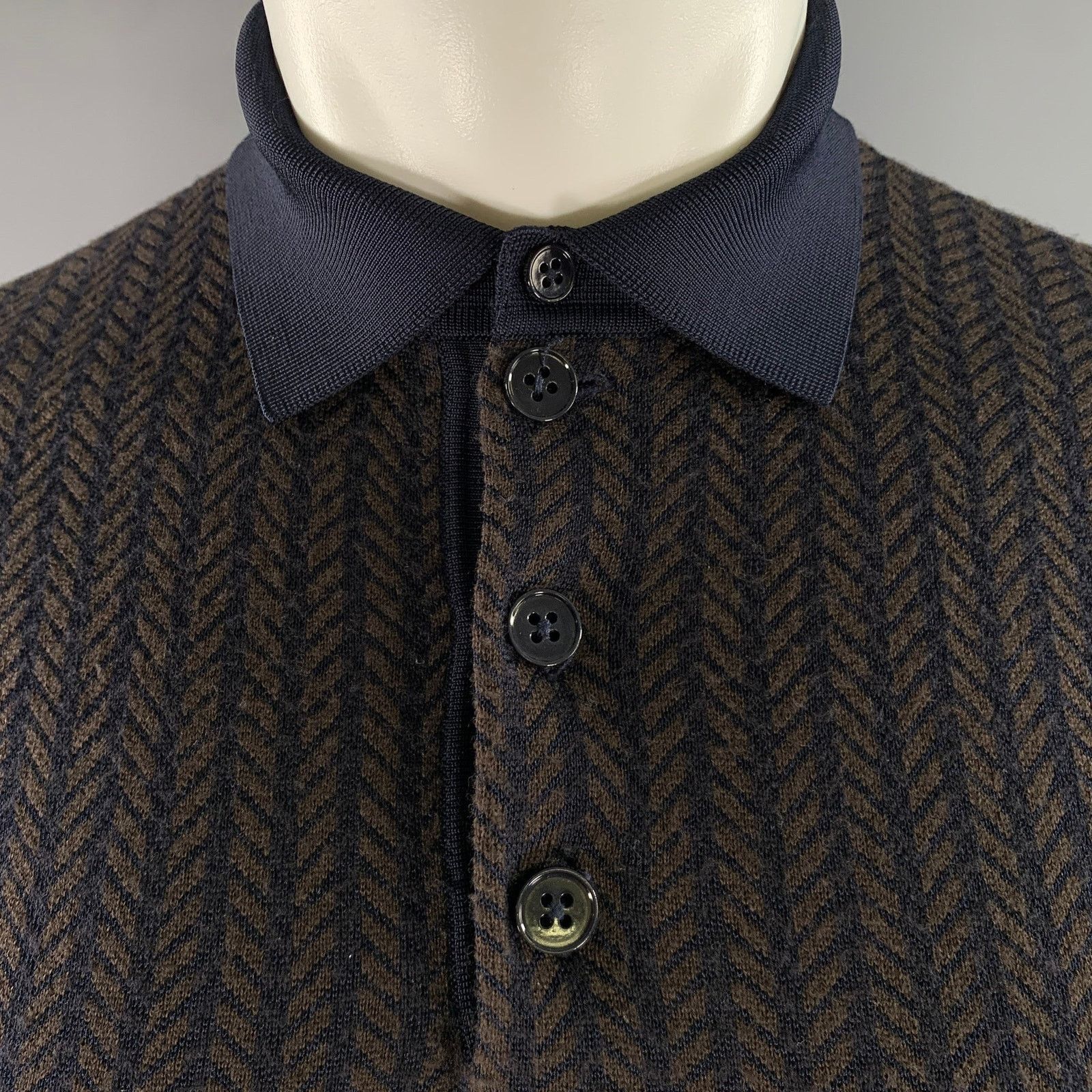 Emporio Armani EMPORIO ARMANI S Navy Herringbone Wool Blend Polo Sweater Size US S / EU 44-46 / 1 - 2 Thumbnail