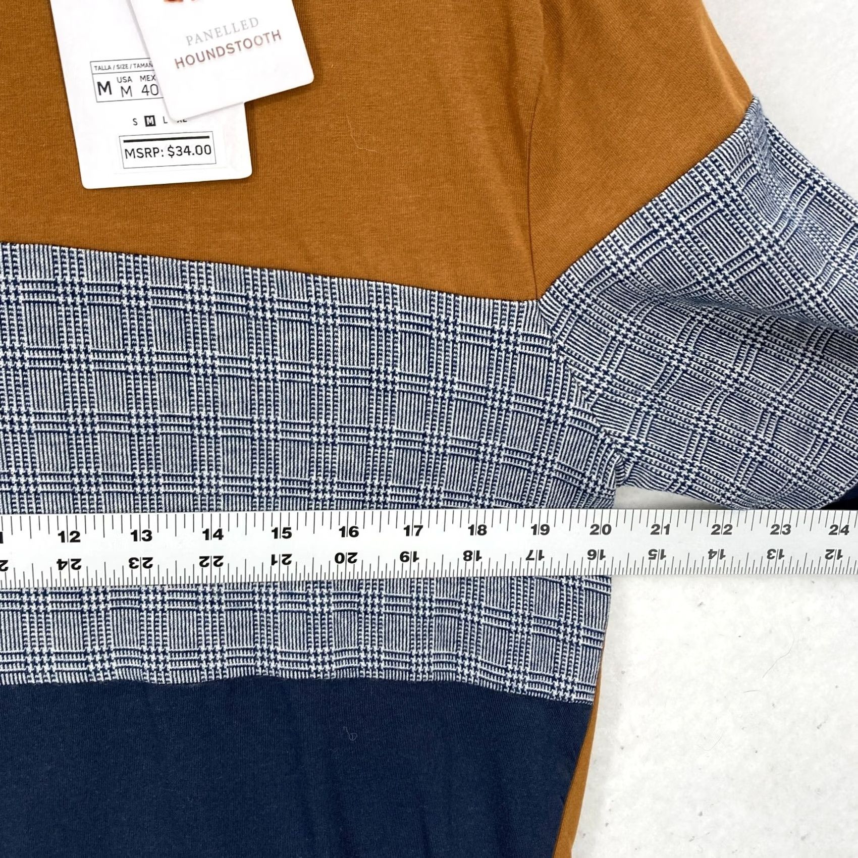 Denime Denim & Flower Ricky Singh Panelled Houndstooth T-Shirt Mens Color Block Medium Brown Cotton Knit Long Sleeve Crew Neck Casual Shirt Size US M / EU 48-50 / 2 - 6 Thumbnail