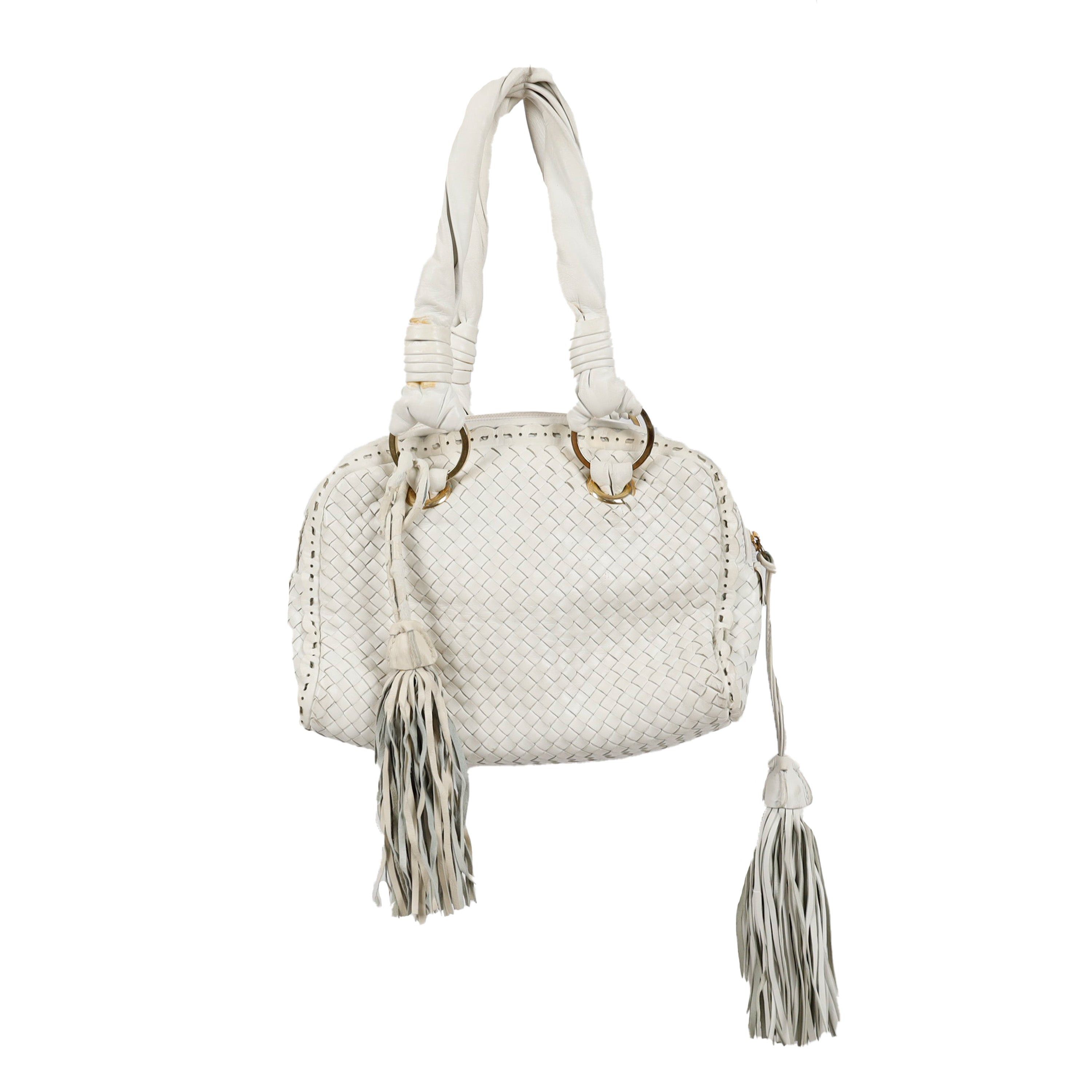 image of Vintage Paola Del Lungo Paola Del Lungo Woven Leather Bag With Fringe in Black, Women's