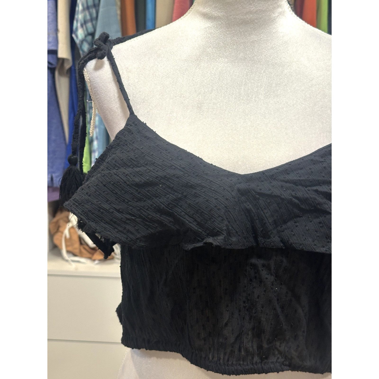 Topshop Topshop Women's Black Ruched Crop Top Tassel Tie Straps 12 Size XL / US 12-14 / IT 48-50 - 3 Thumbnail