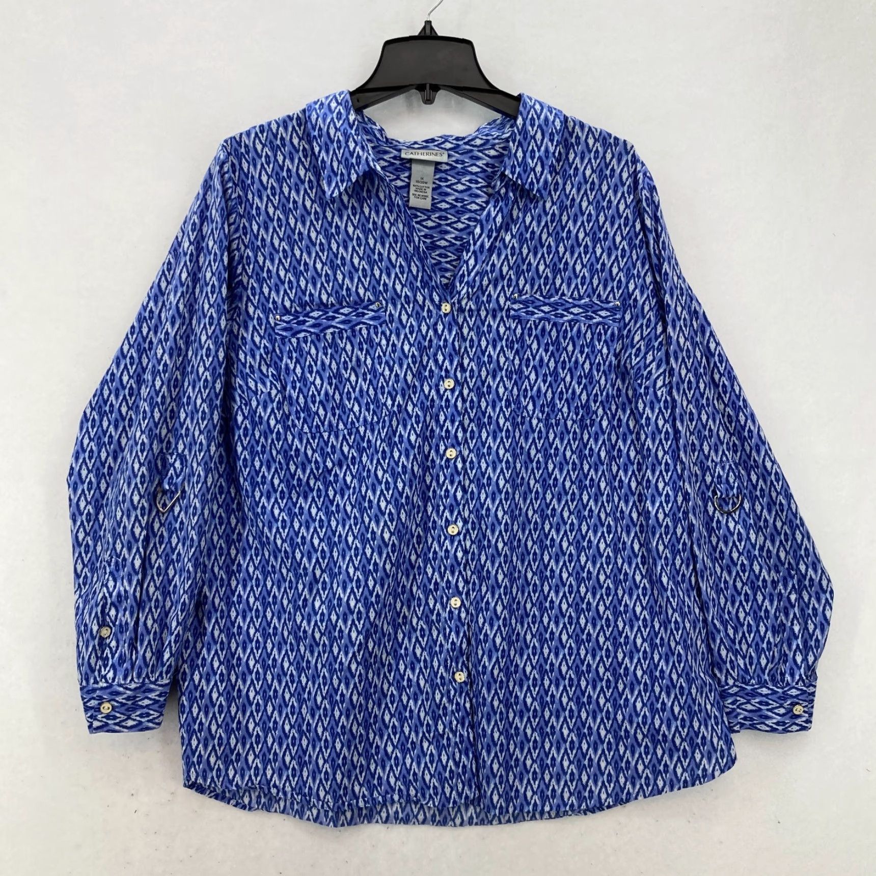 Vintage Catherines 1X Blue Ikat Print Button Front Blouse Cotton Roll Tab Sleeves Boho Shirt Women Plus Size Regular Fit Casual Bohemian Feminine Size XL / US 12-14 / IT 48-50 - 2 Thumbnail
