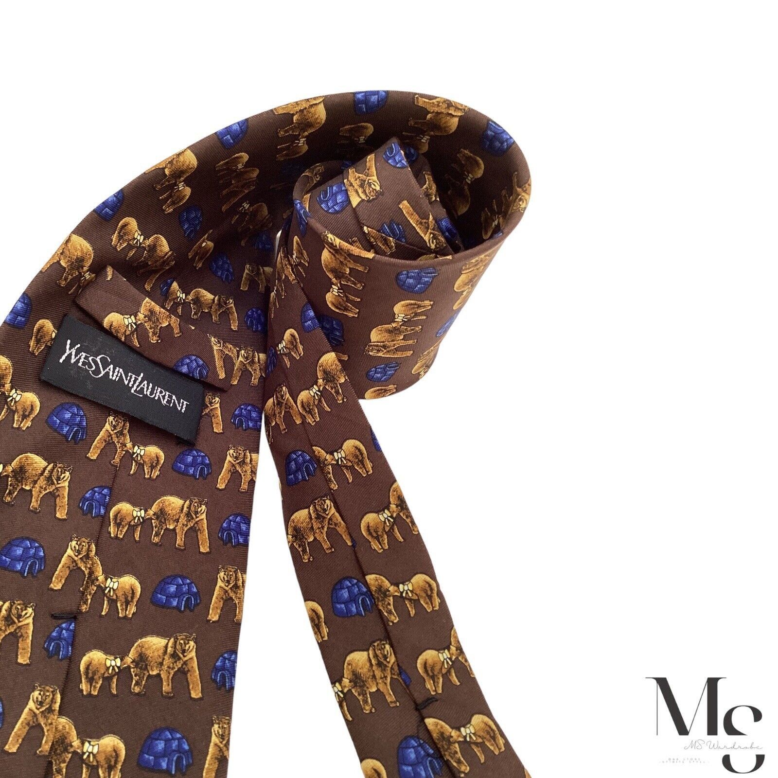 Yves Saint Laurent YVES SAINT LAURENT Brown Bear & Igloo Print Silk Tie Italy Size ONE SIZE - 5 Thumbnail