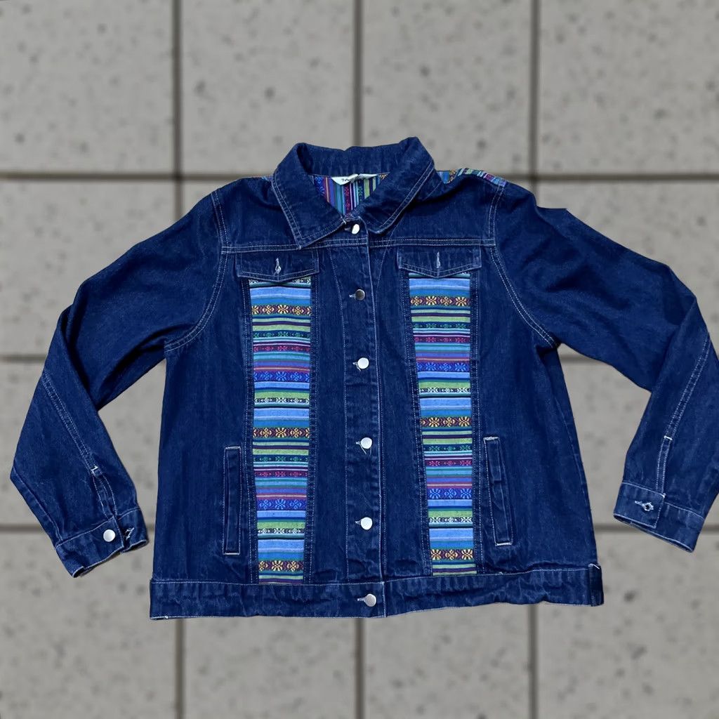 Rainbow Tantrums Jean Jacket Women M Blue Denim Floral Boho Western Tribal Aztec Shirt Mens Size 32" / US 10 / IT 46 - 1 Thumbnail