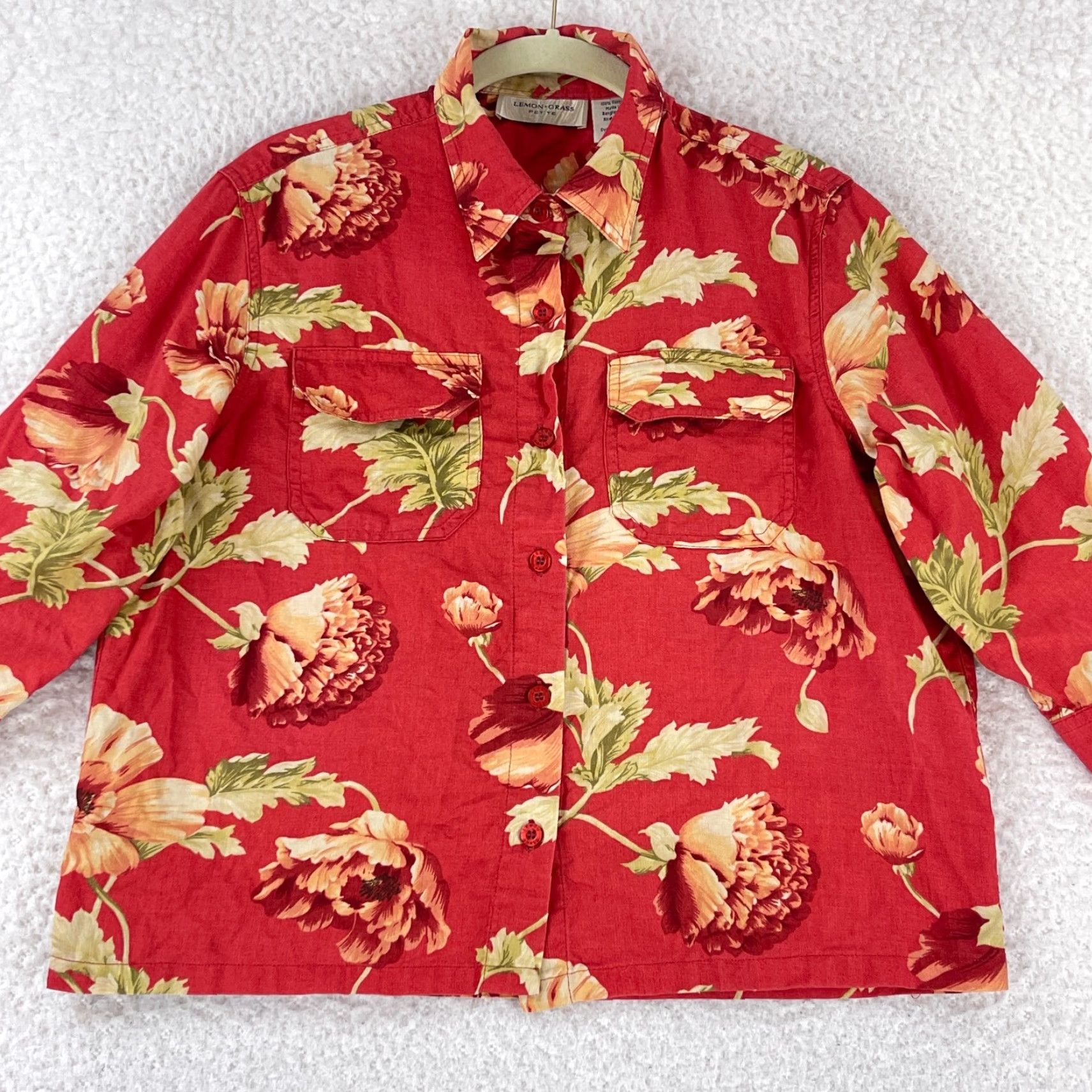 Vintage Lemon Grass Petite Red Floral Button-Up Shirt Womens 3/4 Sleeve Cotton PM Size M / US 6-8 / IT 42-44 - 2 Thumbnail