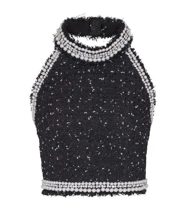 Balmain o1s1wg110526 Tweed Embroidered Halterneck Top in Black Size M / US 6-8 / IT 42-44 - 1 Thumbnail
