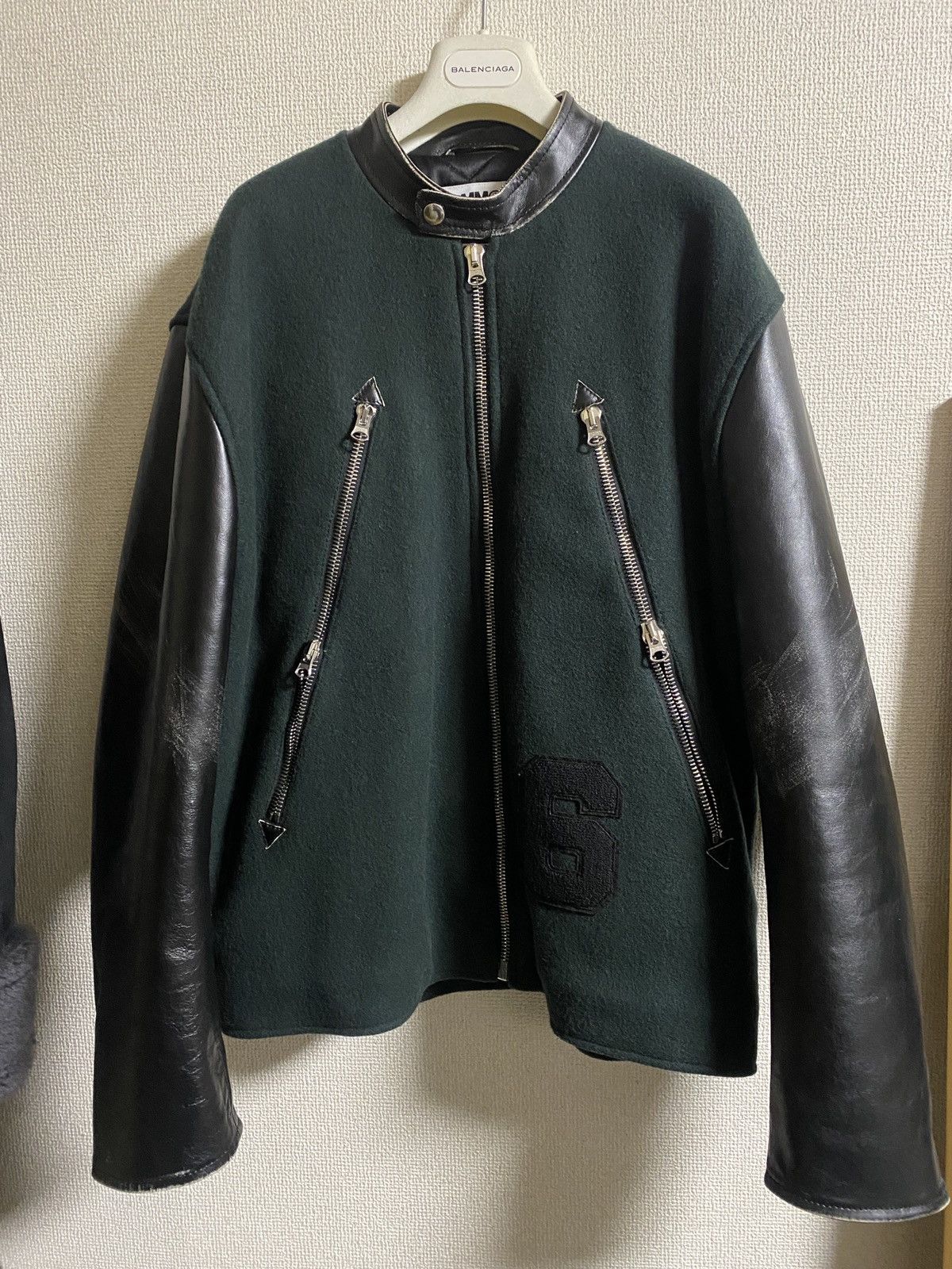 image of Mm6 Maison Margiela 5-Zip Leather Wool Oversized Jacket in Khaki Black, Men's (Size Small)
