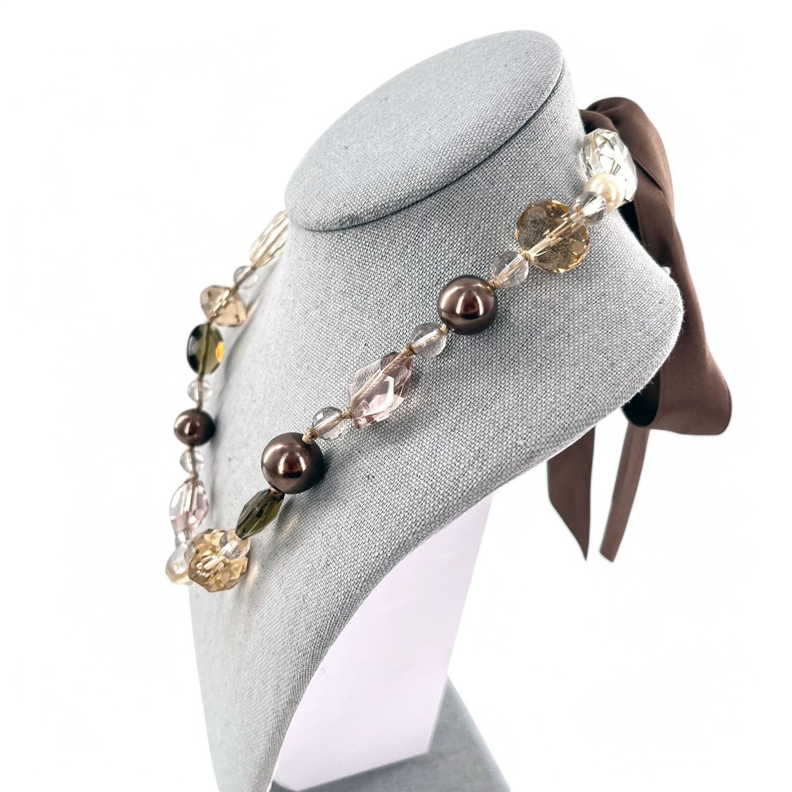 Other Stella and Dot Crystal Faux Pearl Necklace Brown Ribbon Tie Size ONE SIZE - 7 Thumbnail