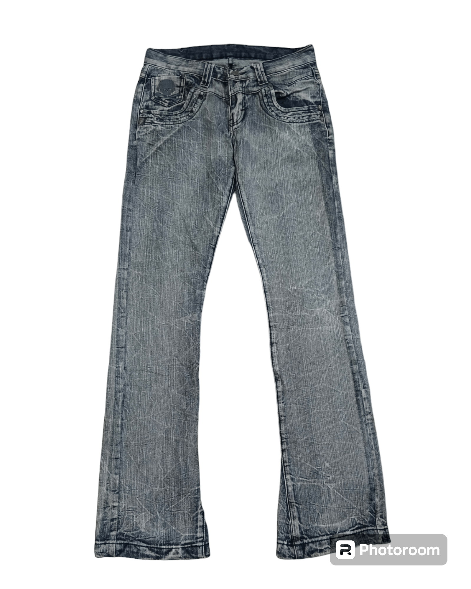 image of Distressed Denim x If Six Was Nine Flare Sick Daily News Skull Patchwork Denim Pants in Black Grey 