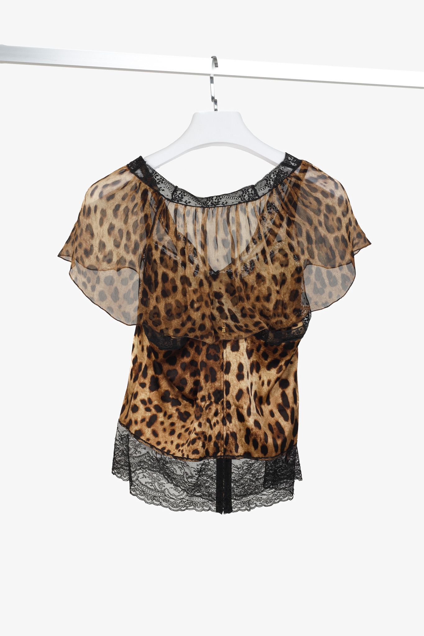 Dolce & Gabbana Dolce & Gabbana Leopard Silk Lace-Trim Flutter-Sleeve Blouse Size S / US 4 / IT 40 - 2 Thumbnail