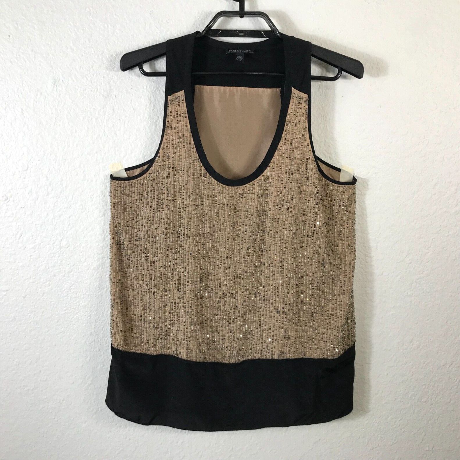 image of Eileen Fisher Tank Top Womens S Beige Black Beaded Sequin Silk Cocktail Party in White (Size Small)