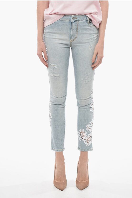 image of Ermanno Scervino Distressed Slim Fiit Jeans With Laces Macrame' Details in Blue, Women's (Size XS)