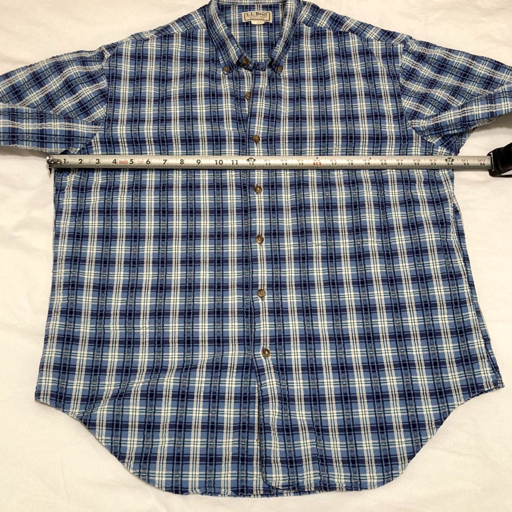 Vintage L.L. Bean Men's Large Short Sleeve Button Down Pocket Shirt Blue Chamois Cotton Plaid Regular Size US L / EU 52-54 / 3 - 5 Thumbnail