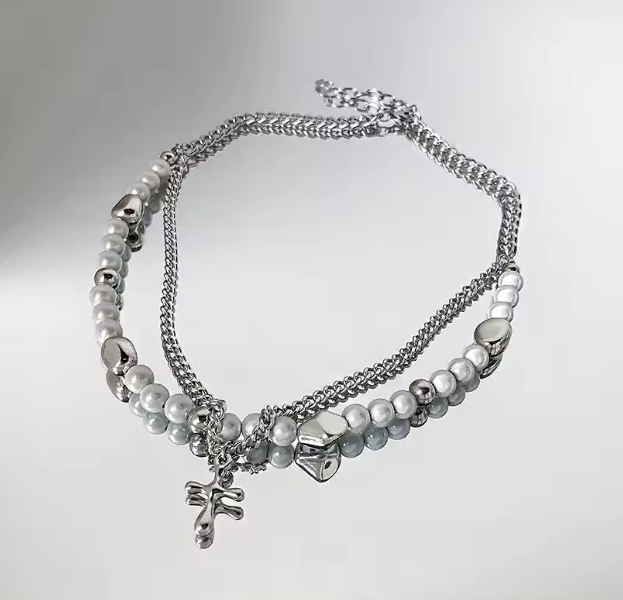 Jewelry × Vintage Hip Hop Double Layered Pearl Cross Necklace Size ONE SIZE - 5 Thumbnail