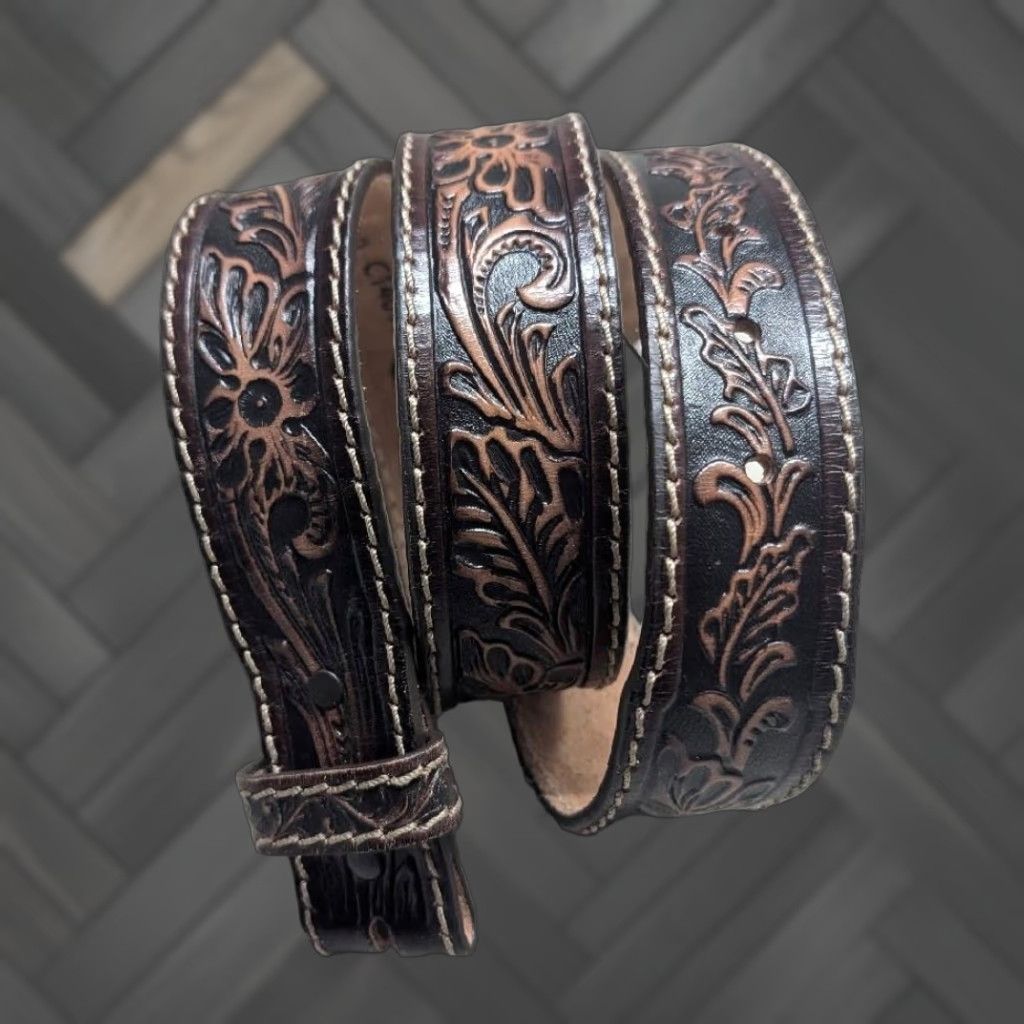 VINTAGE Justin belt - USA Made Western Belt with Floral Tooled Leather Buckle 38 Men