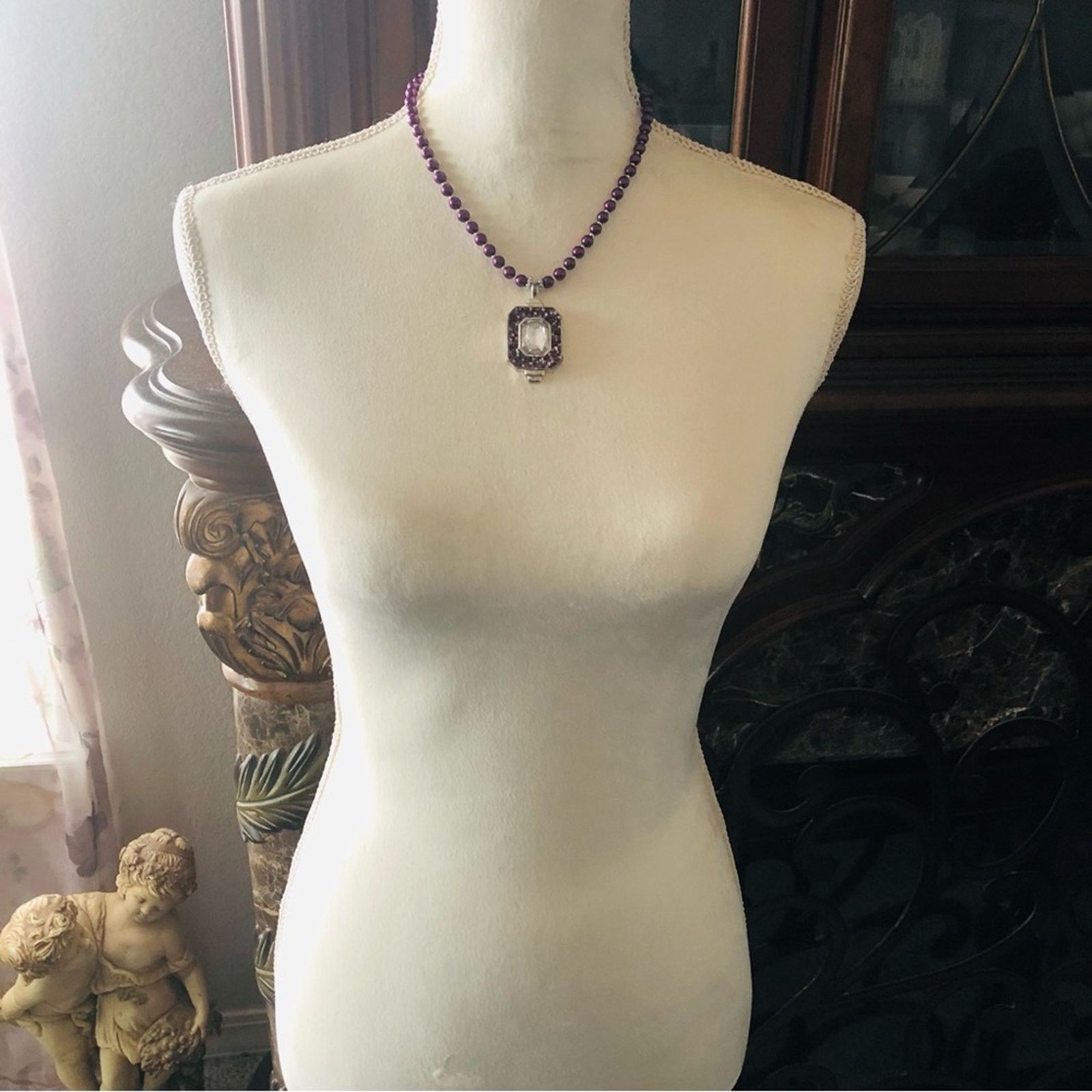 Handmade Handcrafted repurpose vintage mosaic pendant Pearl necklace Size ONE SIZE - 7 Thumbnail