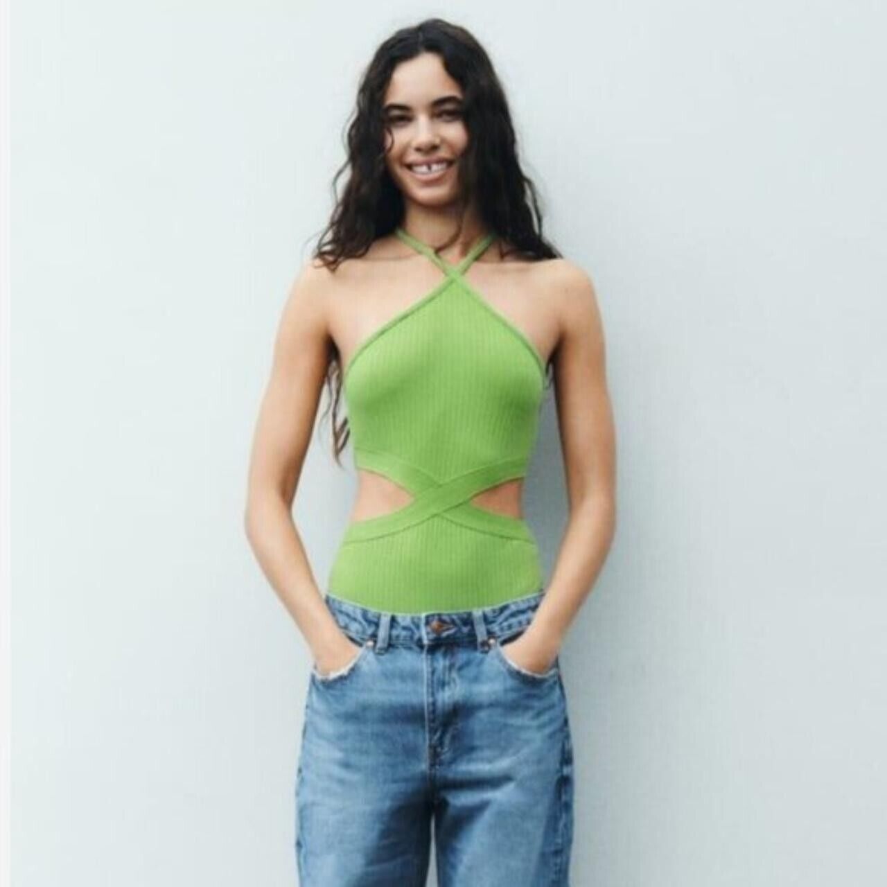Zara Zara Rib Cutout Y2K Halter Bodysuit Green ( S ) Size S / US 4 / IT 40 - 4 Thumbnail