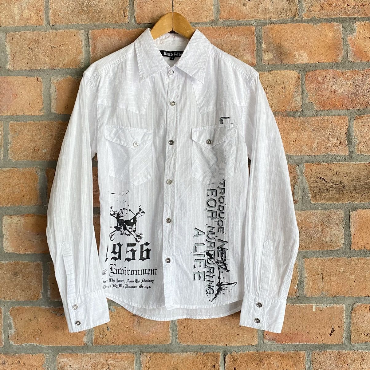 Japanese Brand Wild Life Y2K Punk White Graphic Print Shirt Size M / US 6-8 / IT 42-44 - 1 Thumbnail