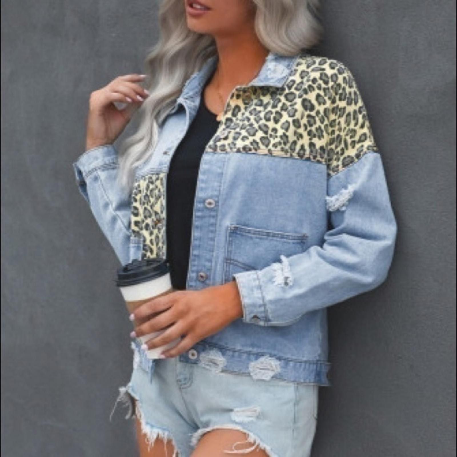 Designer Leopard Denim Jacket Distressed Jean And Cheetah Patch NWT Size S / US 4 / IT 40 - 4 Thumbnail