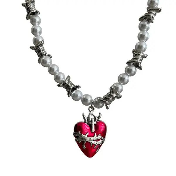 Jewelry Barbed Wire Pearl Chain Necklace with Red Heart Pendant Size ONE SIZE - 6 Thumbnail
