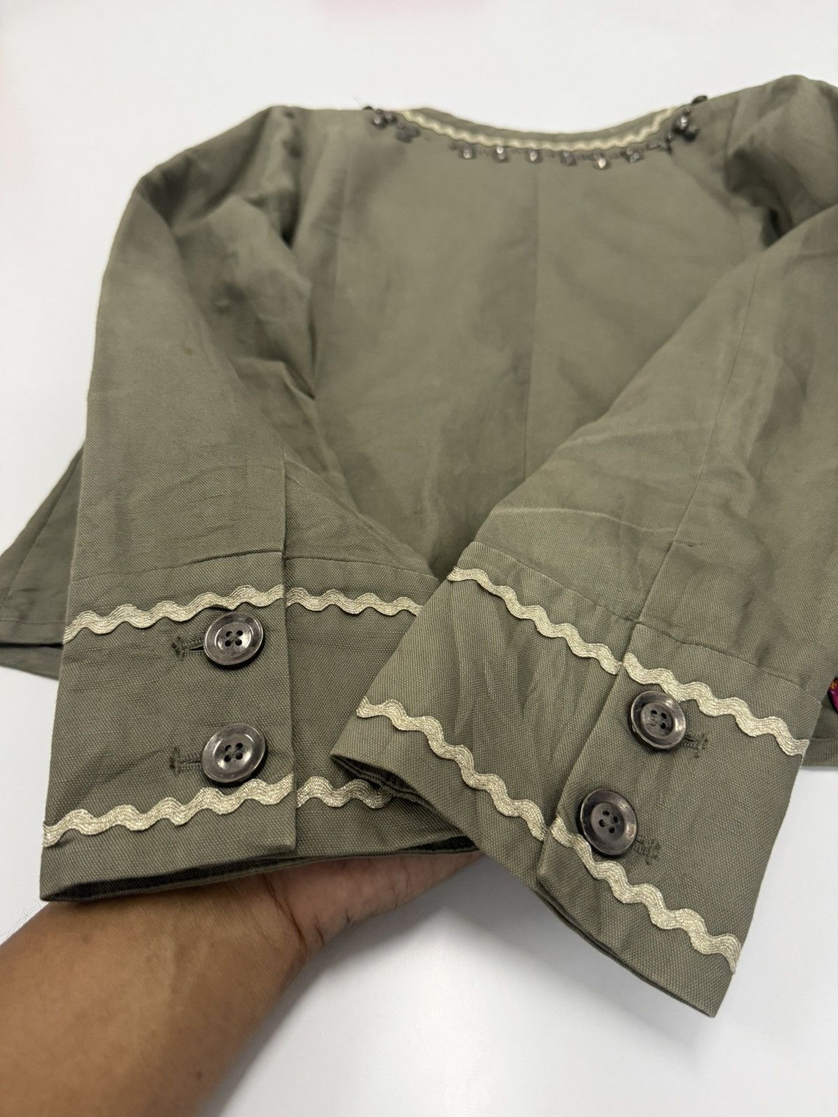 Vivienne Tam 🔥 90s Vivienne Tam Olive Cropped Jacket Boho Beaded Designer Size S / US 4 / IT 40 - 16 Thumbnail