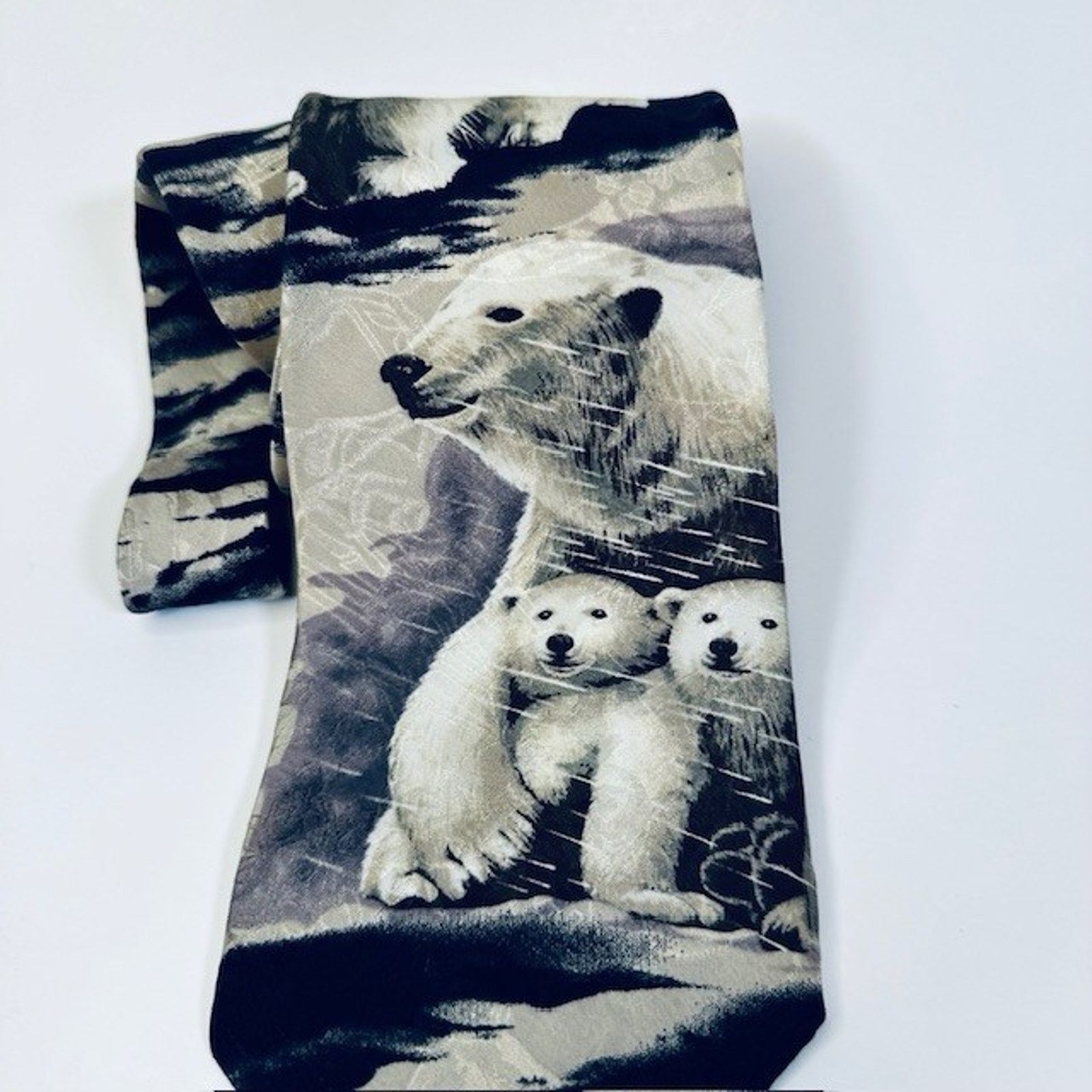 Other Endangered Species Tie Artic Polar Bears, Blk/White/Blu Silk Size ONE SIZE - 2 Thumbnail