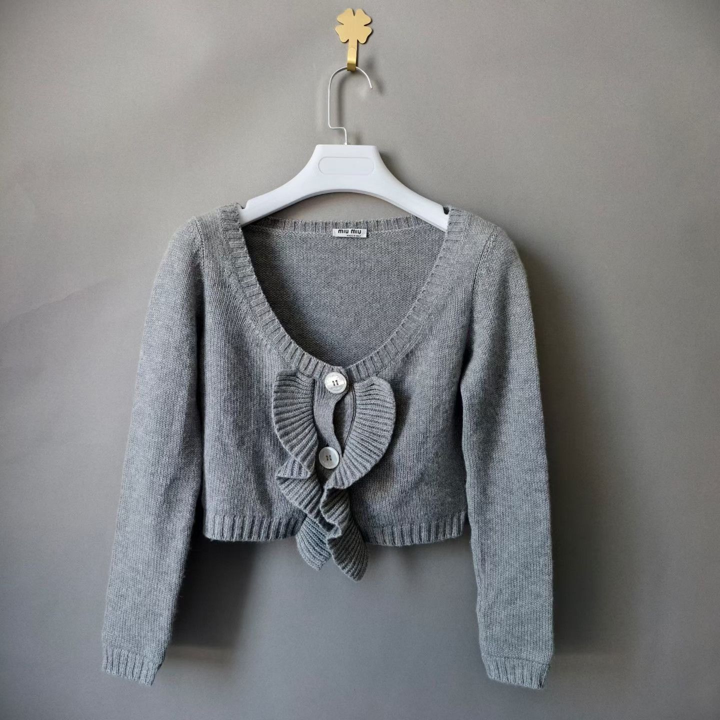 Miu Miu Miu Miu Gray Ruffled Cashmere Cardigan Size XS / US 0-2 / IT 36-38 - 1 Thumbnail