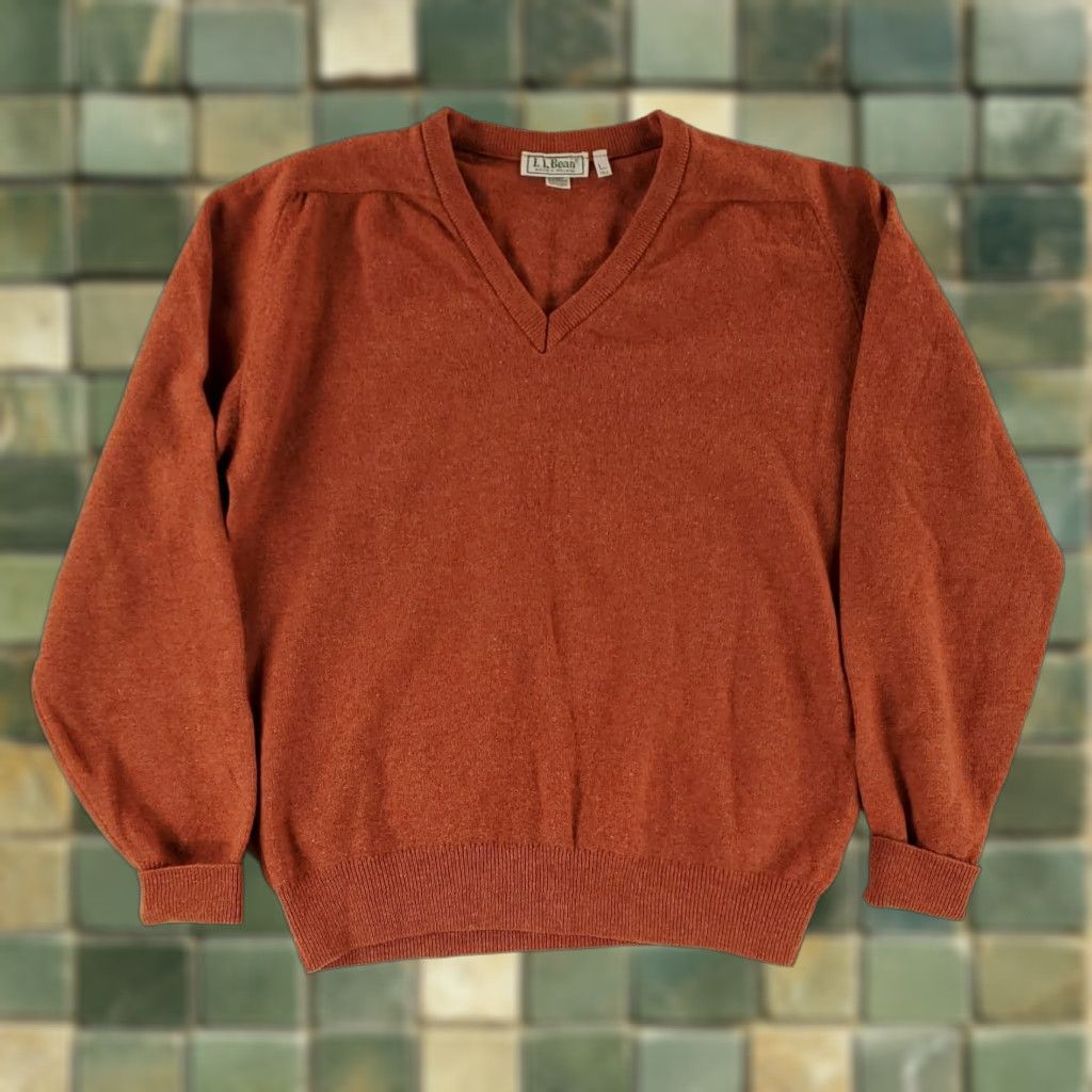 VINTAGE LL Bean Sweater VTG V Neck 100% Lambs Wool Made Ireland Orange Mens L Tall Wool Pullover Lambs Wool Mended hole Center front (see pics)