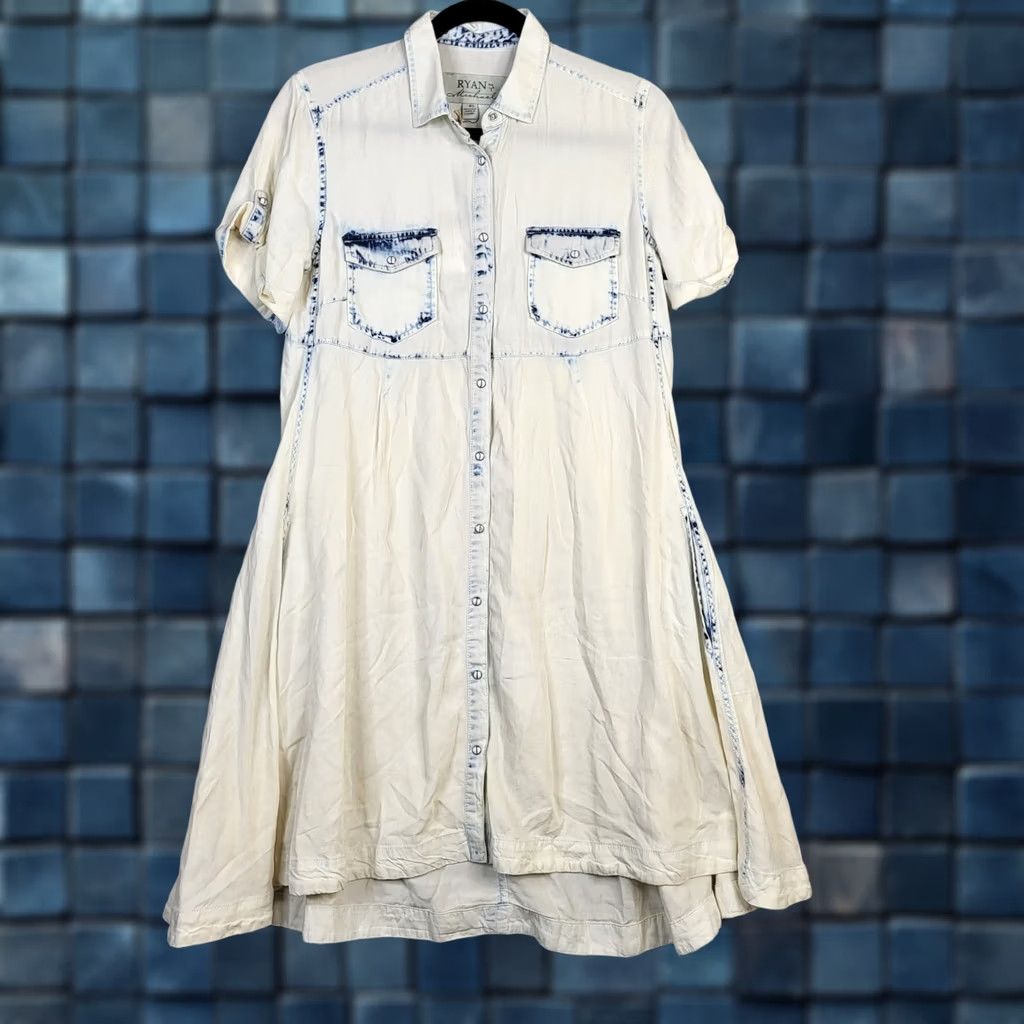 Vintage RYAN MICHAEL Women's Shirt Dress S White Tie-dye Button Snap Collared 100% Tencel Casual Vintage No Size S / US 4 / IT 40 - 1 Thumbnail