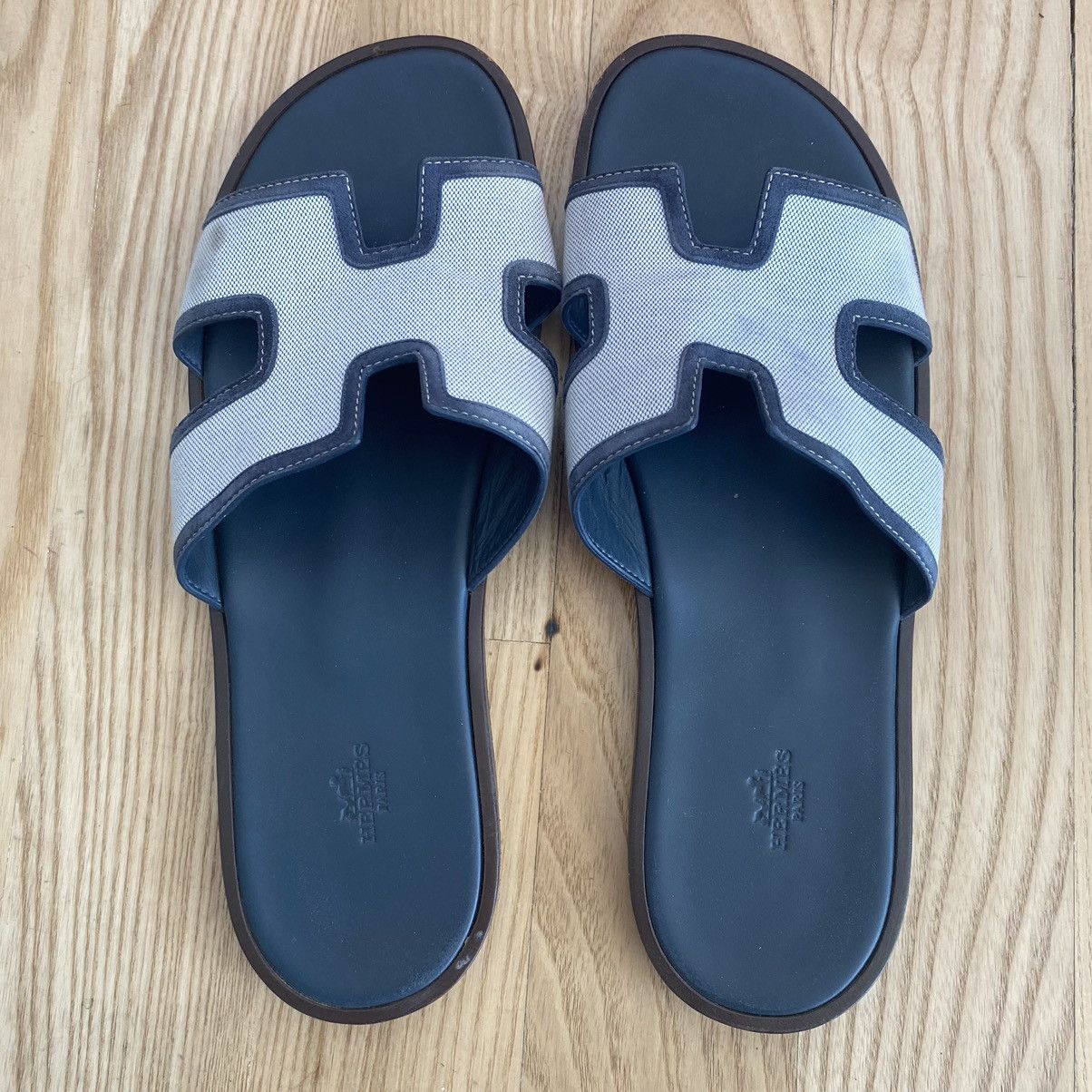 Hermes Hermes Izmir Mens Sandals Shoes Grey Canvas Blue Suede Size US 13 / EU 46 - 3 Thumbnail