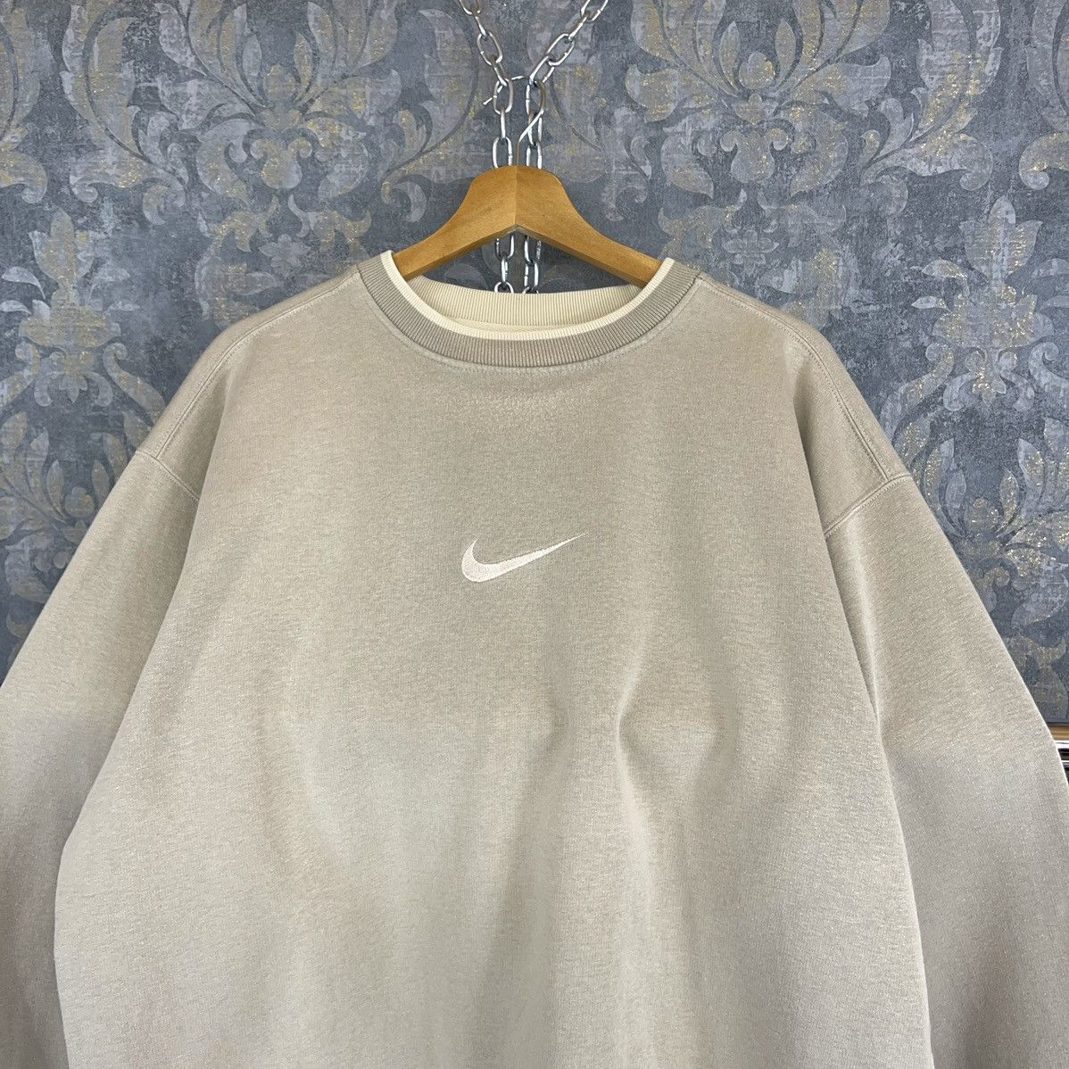 image of Y2K Nike Center Swoosh Beige Crewneck Sweatshirt, Men's (Size XL)