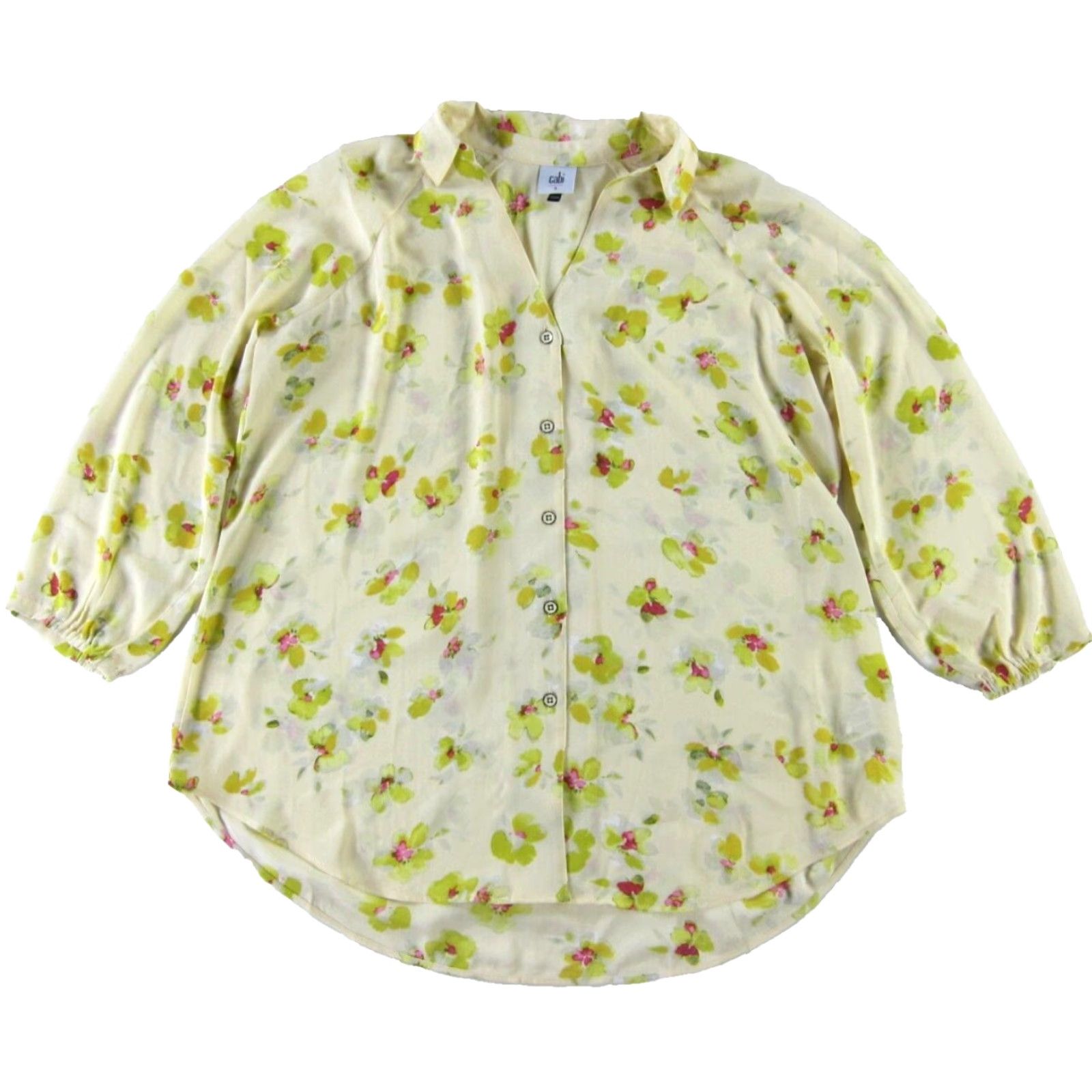 Vintage CAbi Blouse Shirt Floral 3/4 Sleeve Button Down Collar Small Yellow Green Pink Bohemian Flower Women XS-S Size S / US 4 / IT 40 - 2 Thumbnail