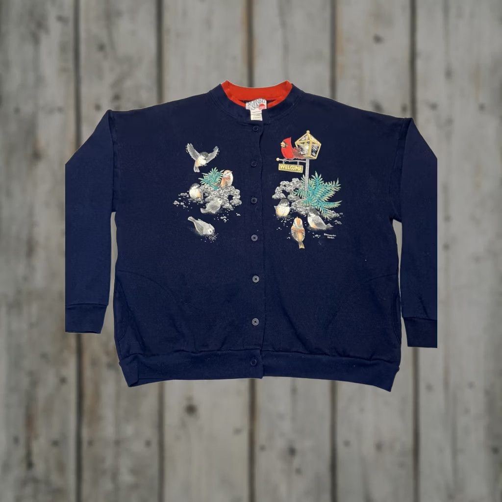 Vintage VINTAGE Morning Sun Sweater Womens XL Blue 90s Leaves Cardinal Bird Collared Size XL / US 12-14 / IT 48-50 - 1 Thumbnail