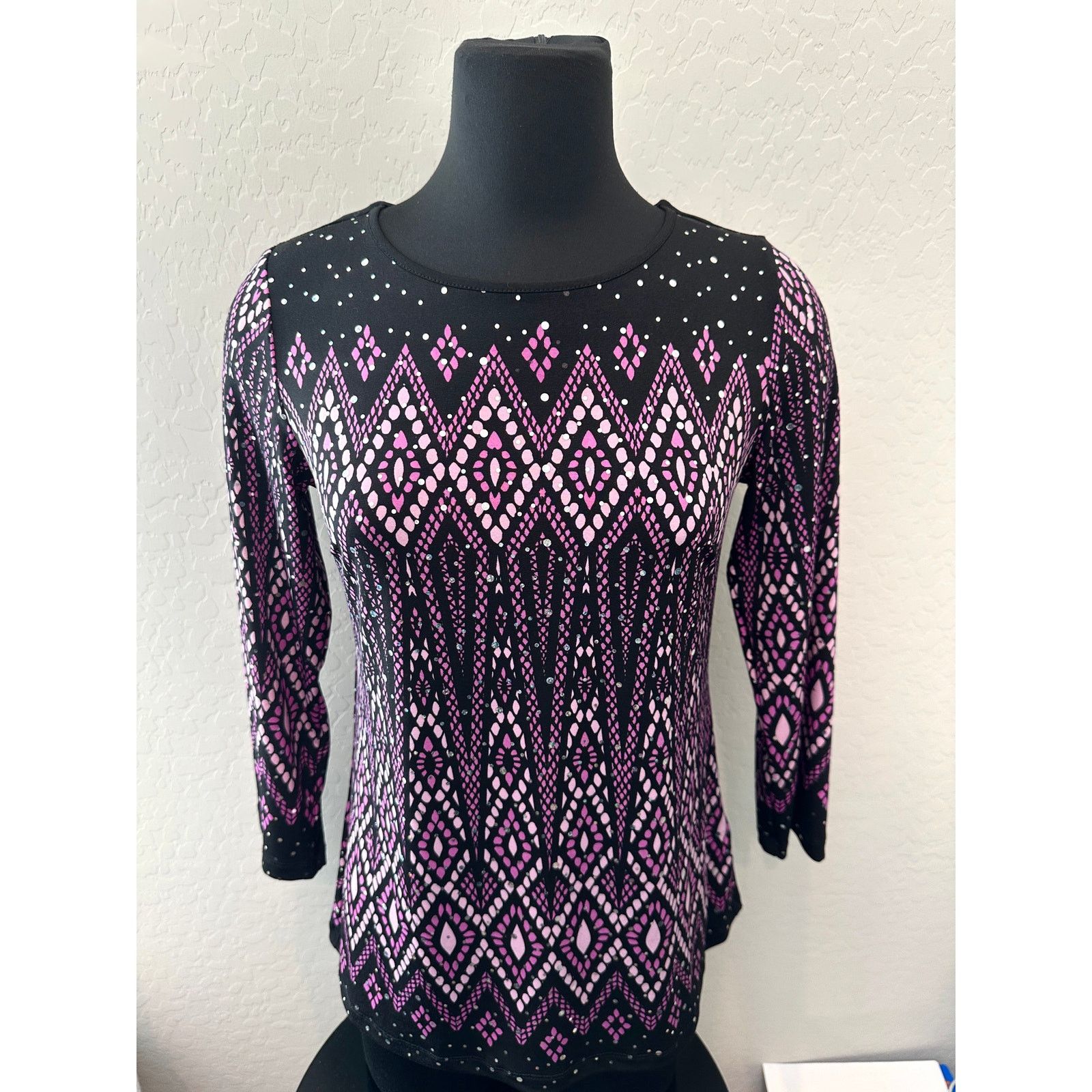 Bob Mackie BOB MACKIE | Black Purple Rhinestone Knit Long Sleeve Top Size XXS / US 00 / IT 34 - 2 Thumbnail