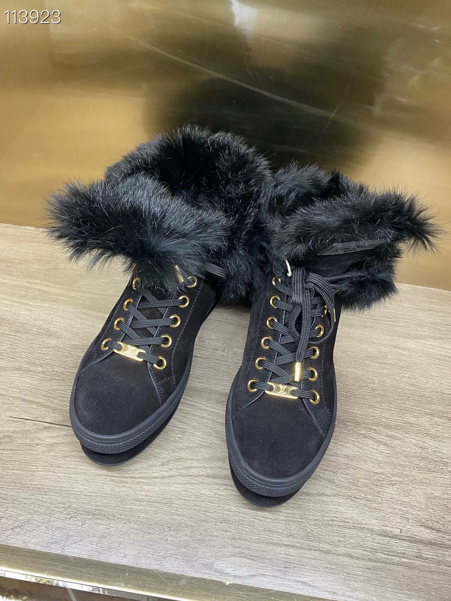 Louis Vuitton LV x074010 Black Wedge Fur Boots Size US 4 / IT 34 - 1 Thumbnail