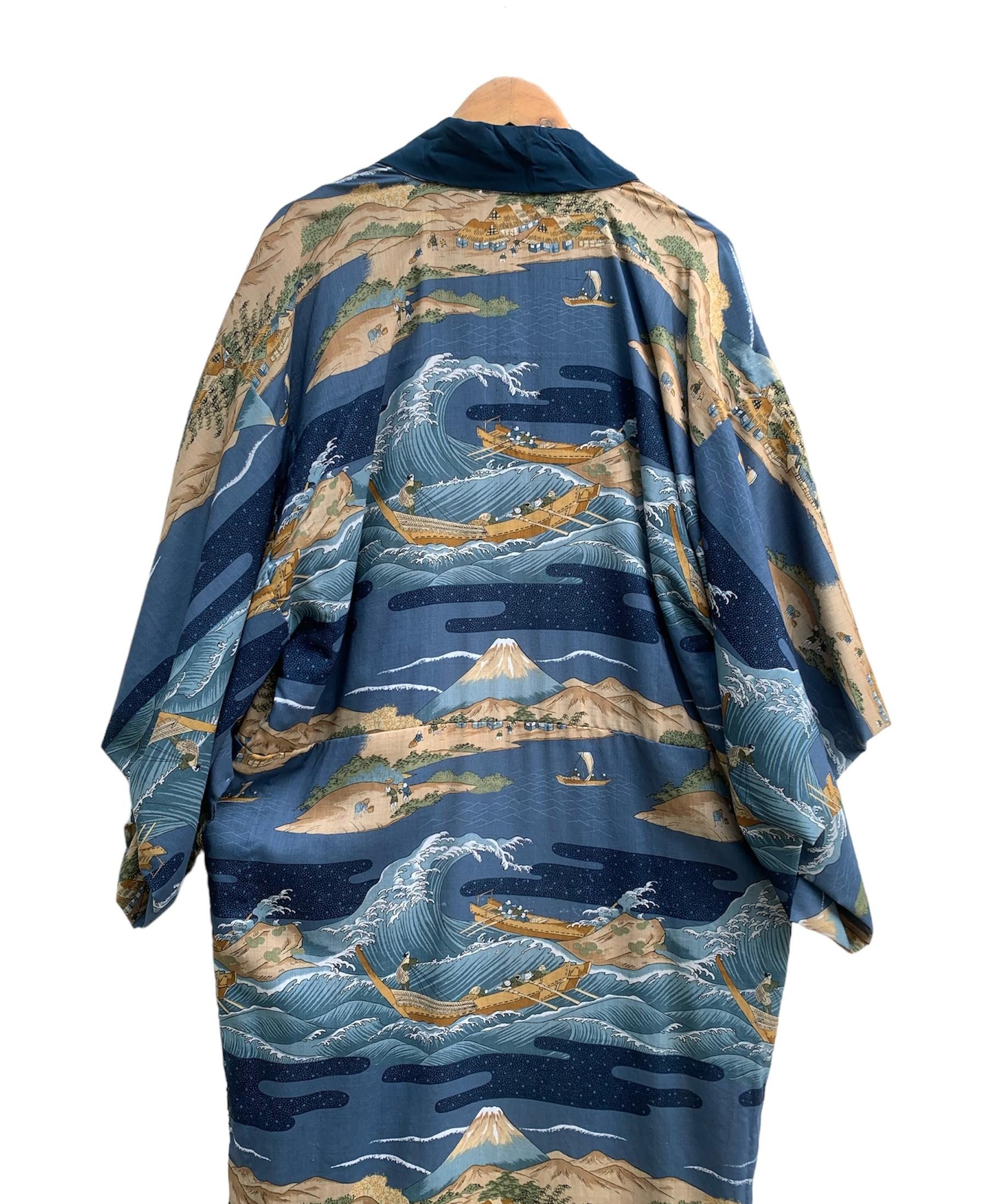Komono Kimono Japanese Coastal Village Scane Design Size US L / EU 52-54 / 3 - 4 Thumbnail