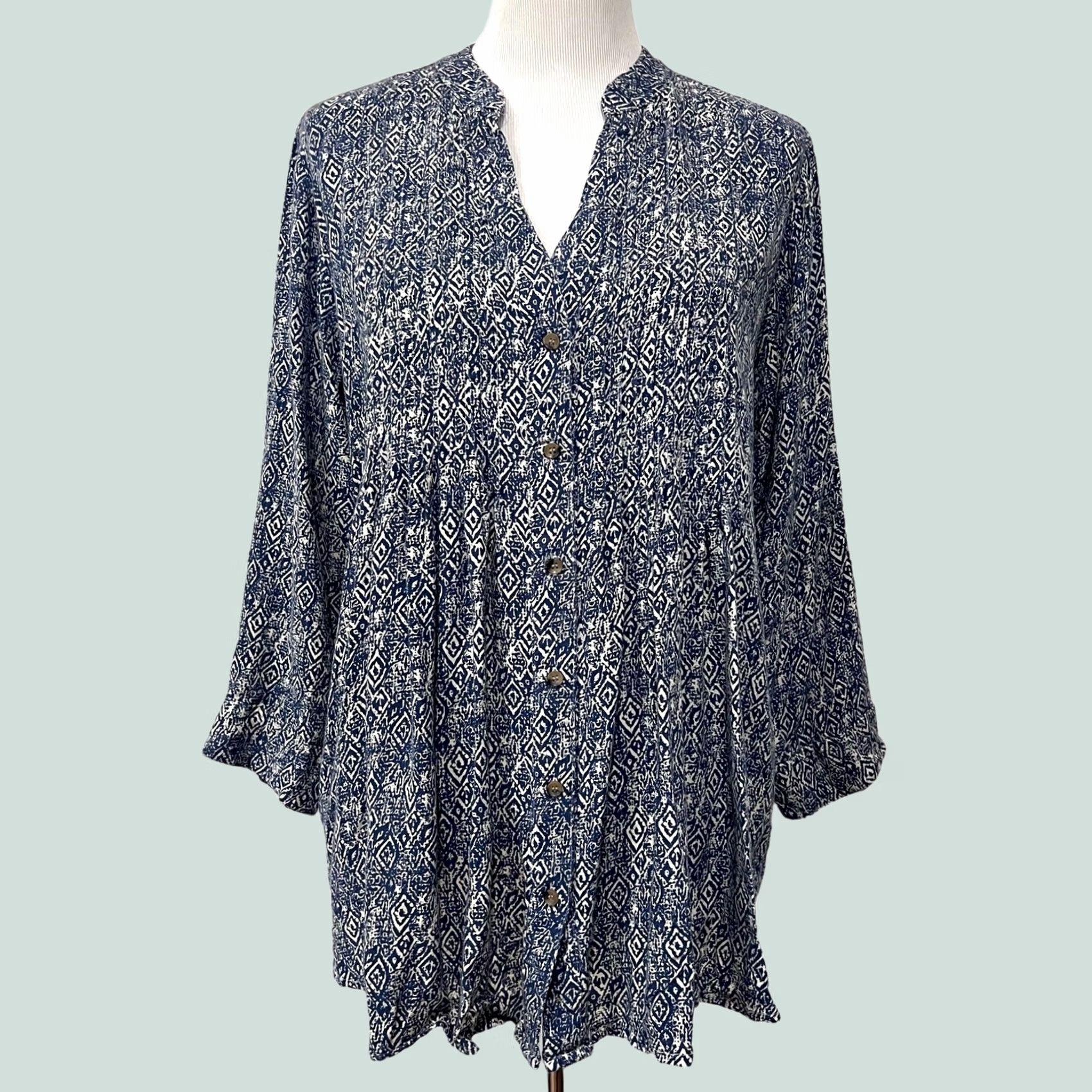 Vintage Rock Flower Paper Women’s Tunic Top Blouse Long Sleeve Pleated Blue White Sz M Clothing Shirt Womens Size M / US 6-8 / IT 42-44 - 1 Thumbnail