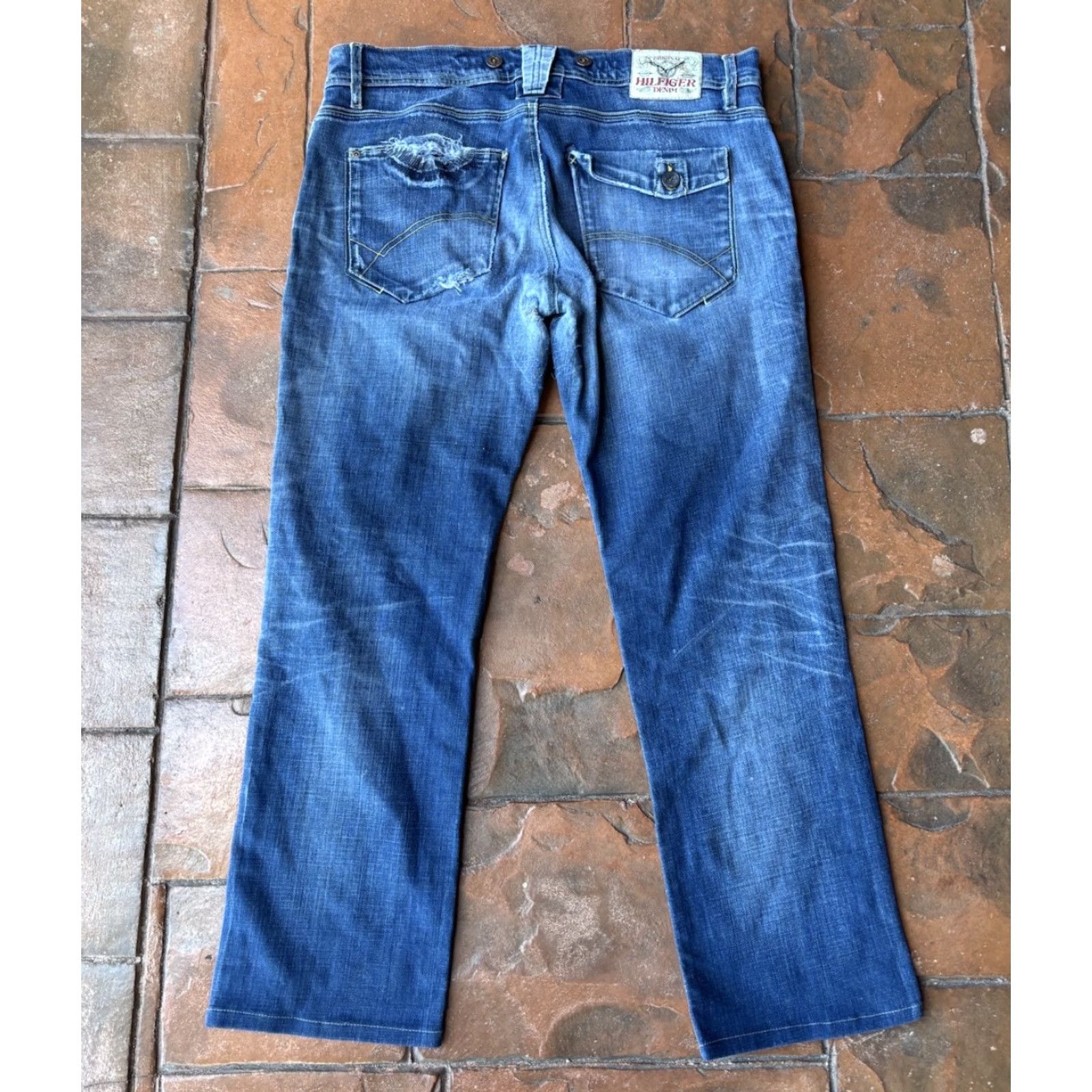 Tommy Hilfiger VINTAGE Tommy Hilfiger Jeans Scanton Double Knee Slim Fit 36x27.5 Blue Denim Mens Grunge 90s Side Distressing Logo Stonewashed Size US 36 / EU 52 - 3 Thumbnail