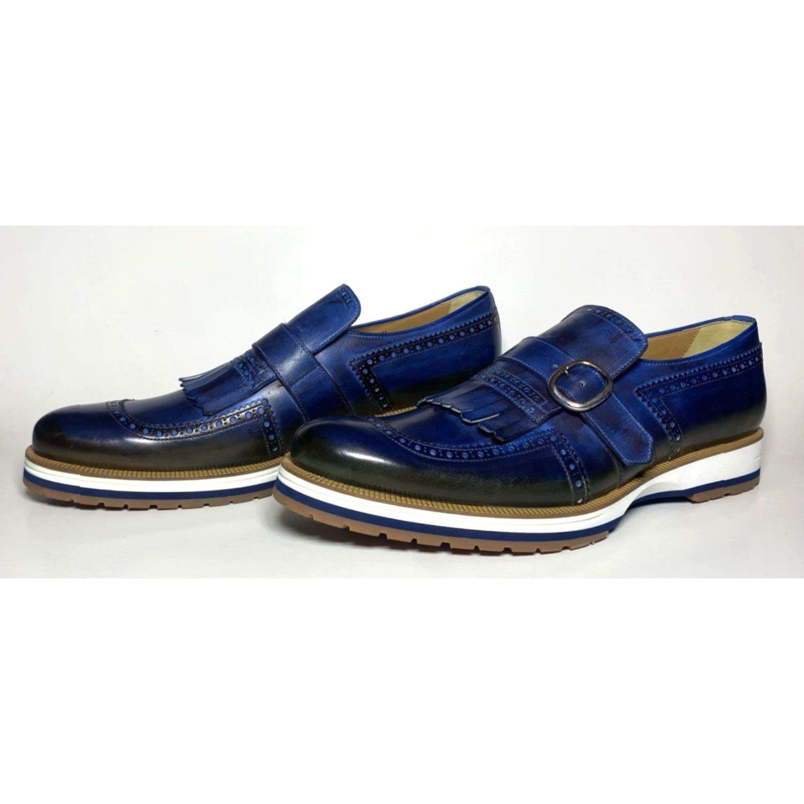 Vintage Francesco Benigno Canto de' Ricci Firenze Italy Monk Strap Loafers Mens Dress Leather Blue Sz 10 UK 10 US 11 New without box Size US 10 / EU 43 - 5 Thumbnail