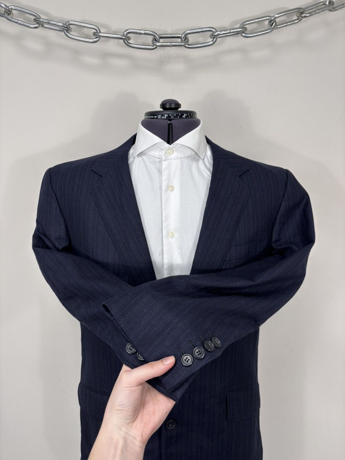 David August David August “ Black “ Navy Blue Striped Wool Blazer Jacket Size 44R - 7 Thumbnail