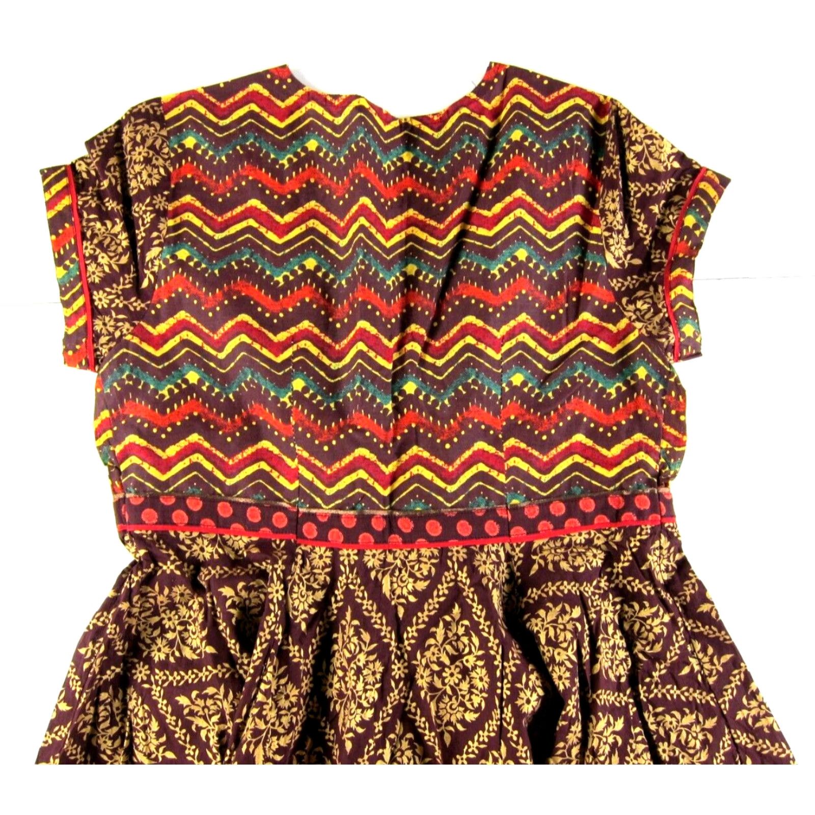 Vintage BIBA Cotton Floral V-Neck Short Sleeve Midi Kurta Dress XS Brown Green Red Women's Fashion Size 26" / US 2 / IT 38 - 5 Thumbnail