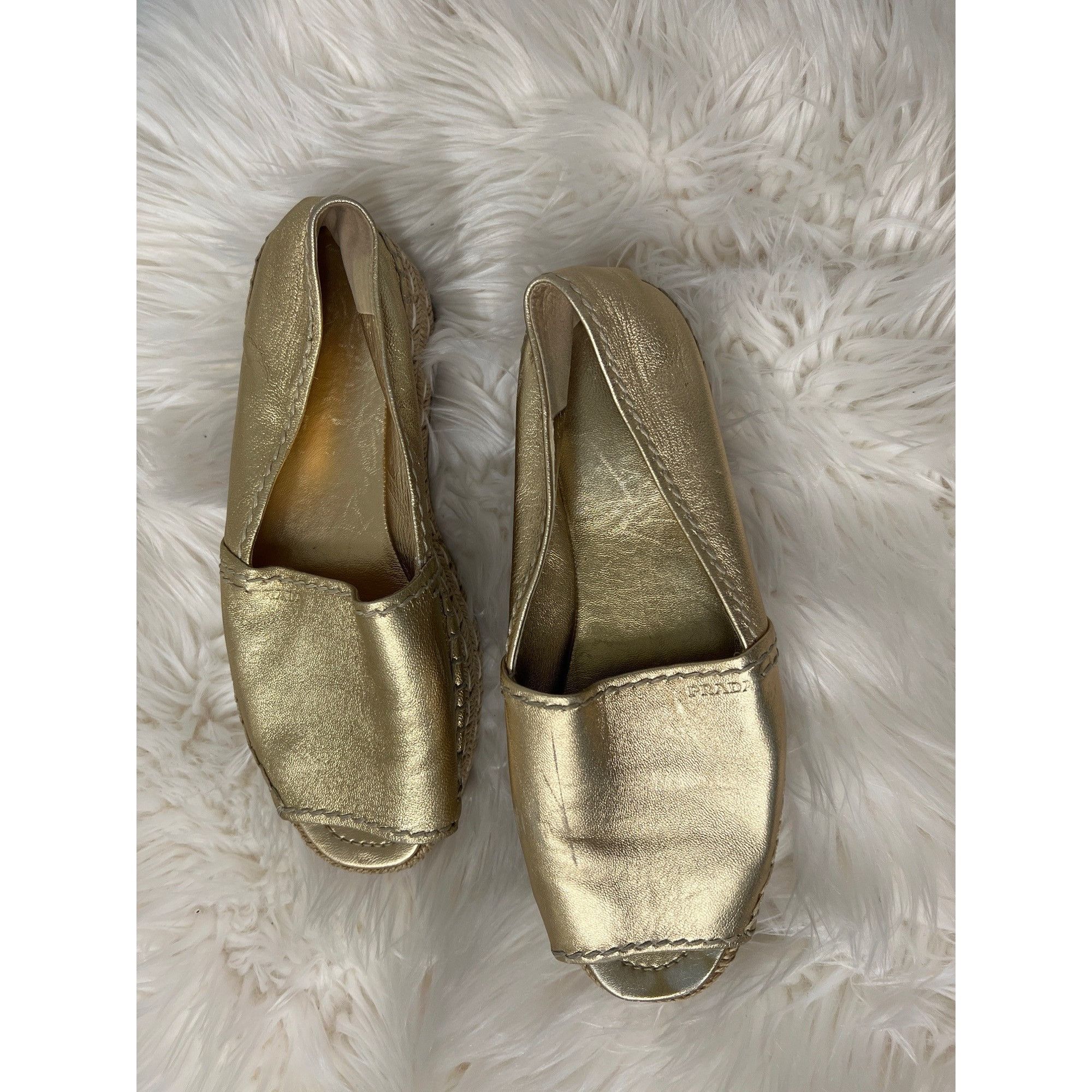 Prada Prada Gold Metallic Peep-Toe Espadrilles Size US 7.5 / IT 37.5 - 22 Thumbnail