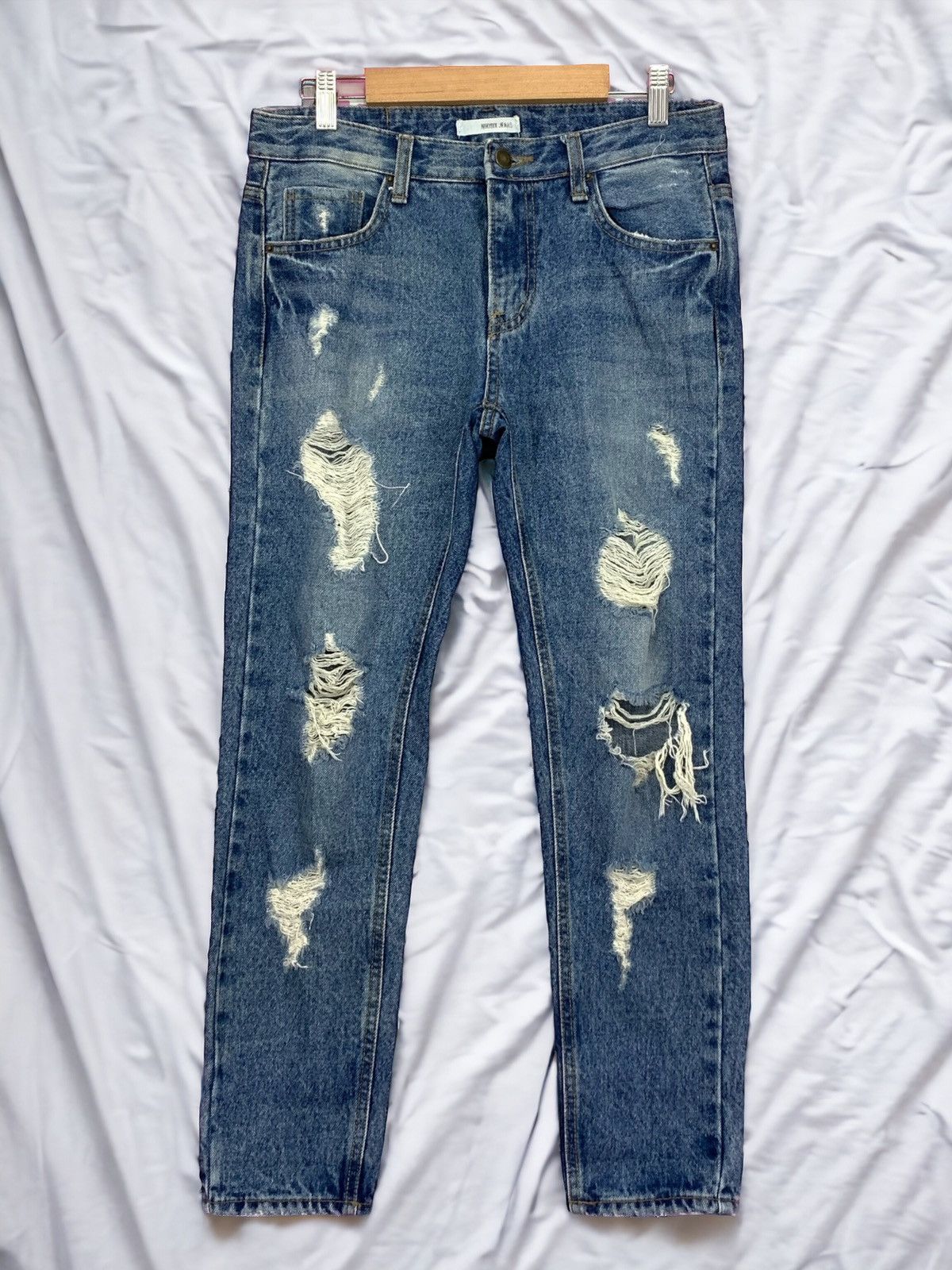 Japanese Brand Nikisix Y2k Style Slim Distressed Denim Pants (AD28) Size 29" - 1 Thumbnail