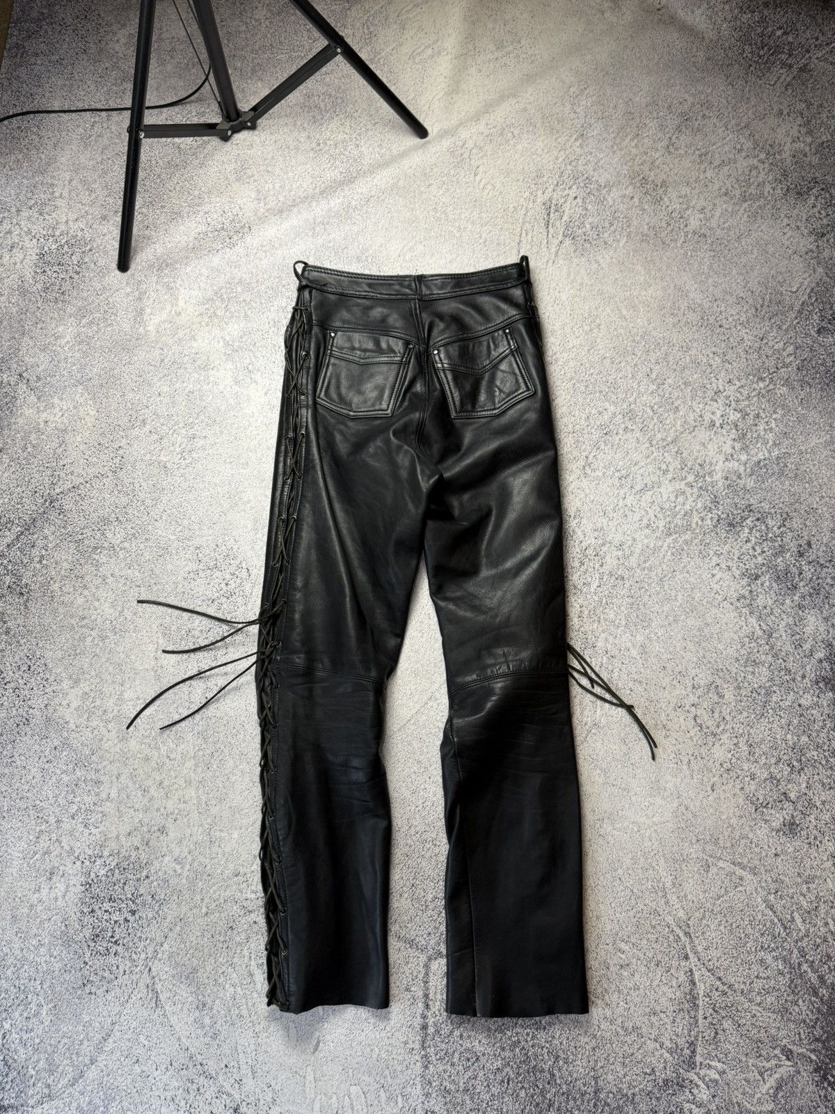 Leather Mens Vintage Biker Leather Pants stripe's Japanese brand y2k Size US 31 - 19 Thumbnail