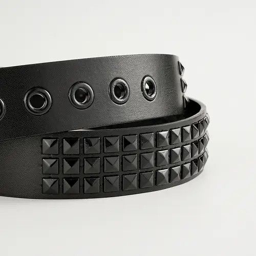 Leather × Vintage All Black Leather Rivet Belt Size ONE SIZE - 3 Thumbnail