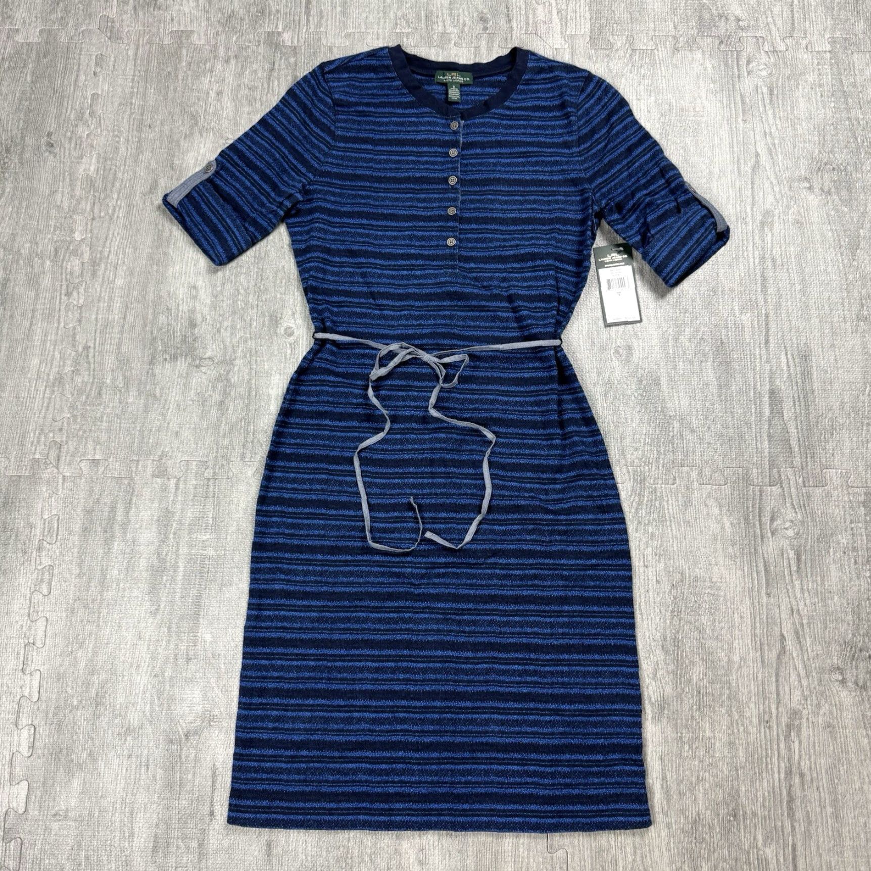 Vintage LAUREN RALPH LAUREN BLUE STRIPE HENLEY DRESS S 3/4 SLEEVE NEW BELT KNIT COTTON SHIRT DRESS casual business formal party 90s? Size S / US 4 / IT 40 - 2 Thumbnail