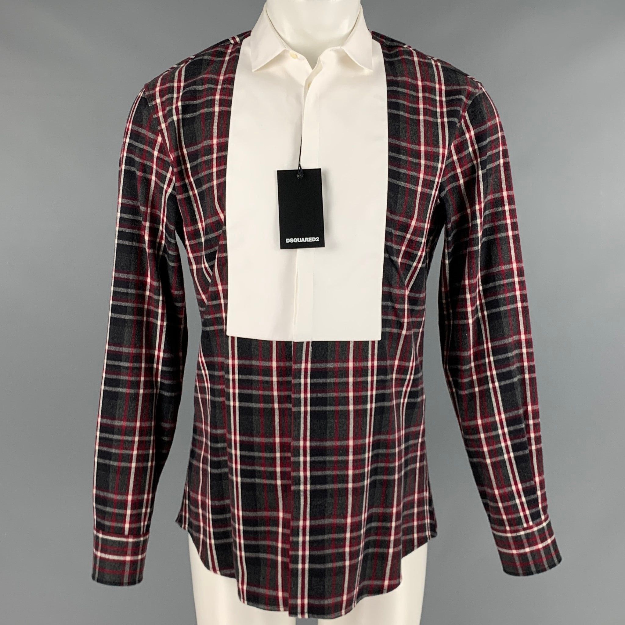 image of Dsquared2 Grey Black Red Plaid Cotton Tuxedo Long Sleeve Shirt, Men's (Size Small)