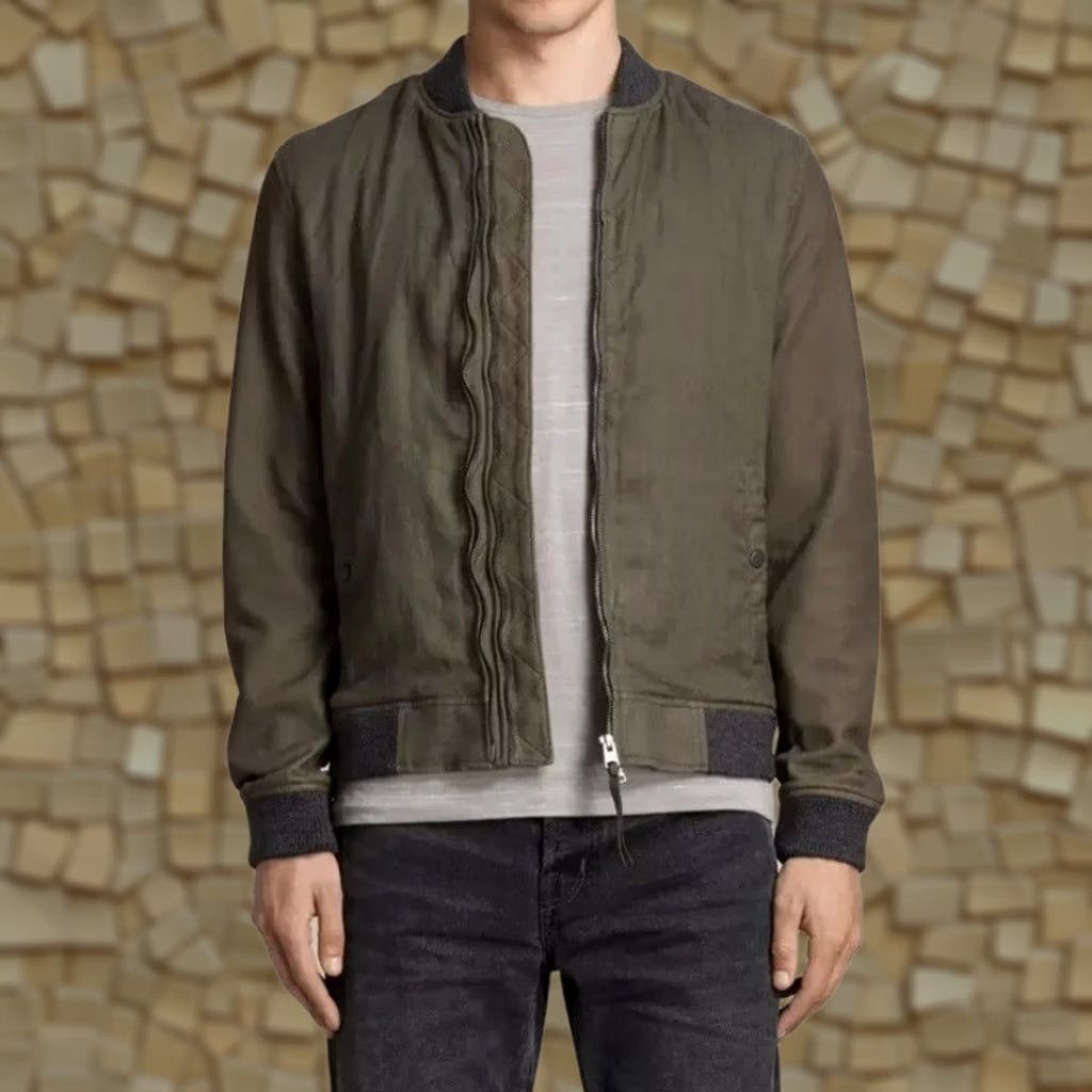 Allsaints AllSaints Mens Jacket Khaki Green Large Lightweight Bomber Linen Leather Casual Zip Boxson Size US L / EU 52-54 / 3 - 1 Thumbnail