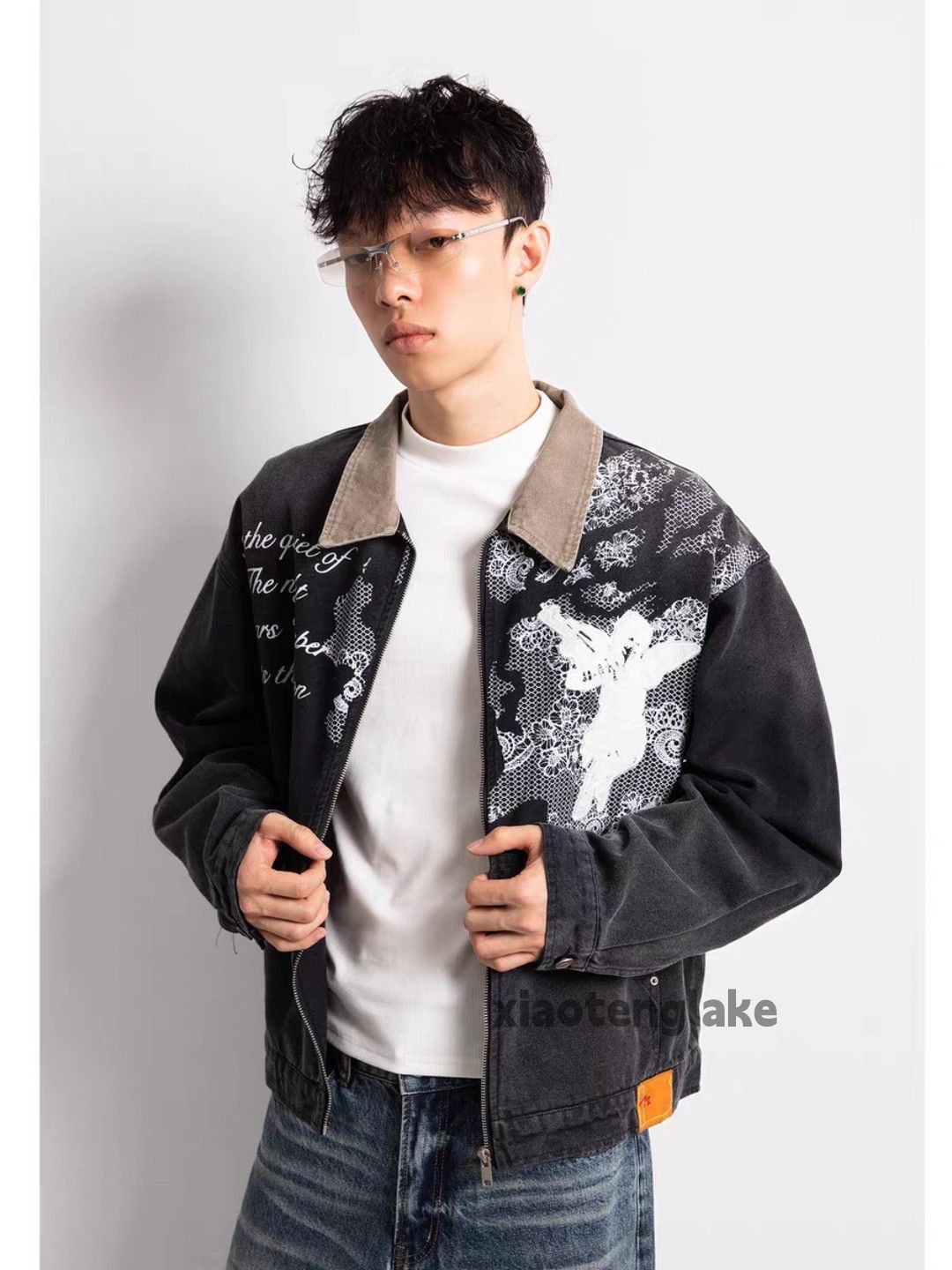 Utility washed faded pattern workwear cargo jacket