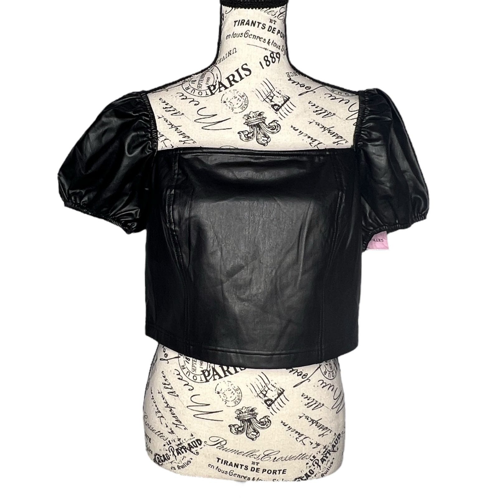 Other Faux Leather Puffy Sleeve Zipper Back Square Neck Crop Top Size L / US 10 / IT 46 - 1 Thumbnail